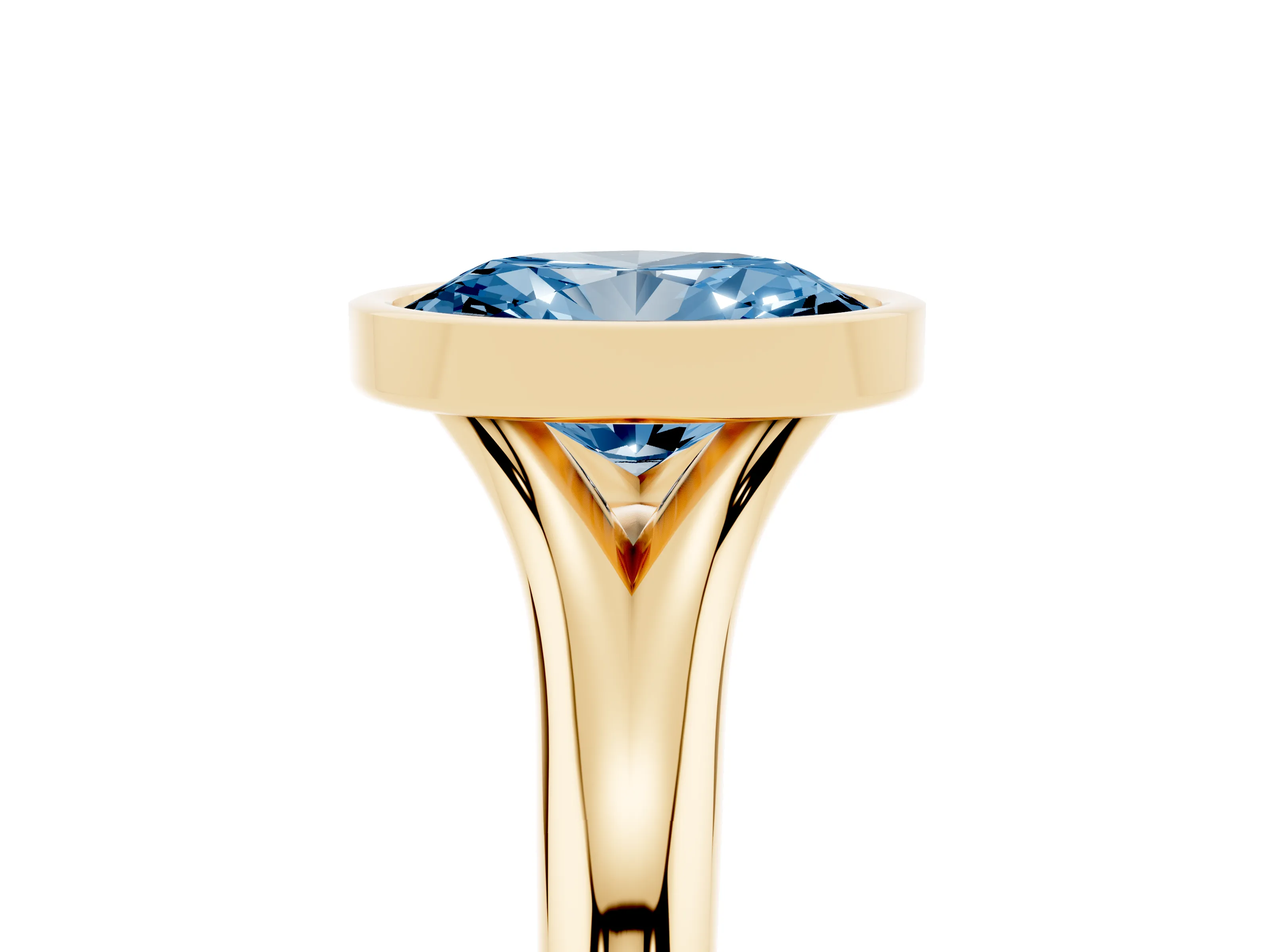 Fancy Blue Bezel Set Oval Cut Diamond Solitaire Ring Set in Yellow gold with Smooth Band