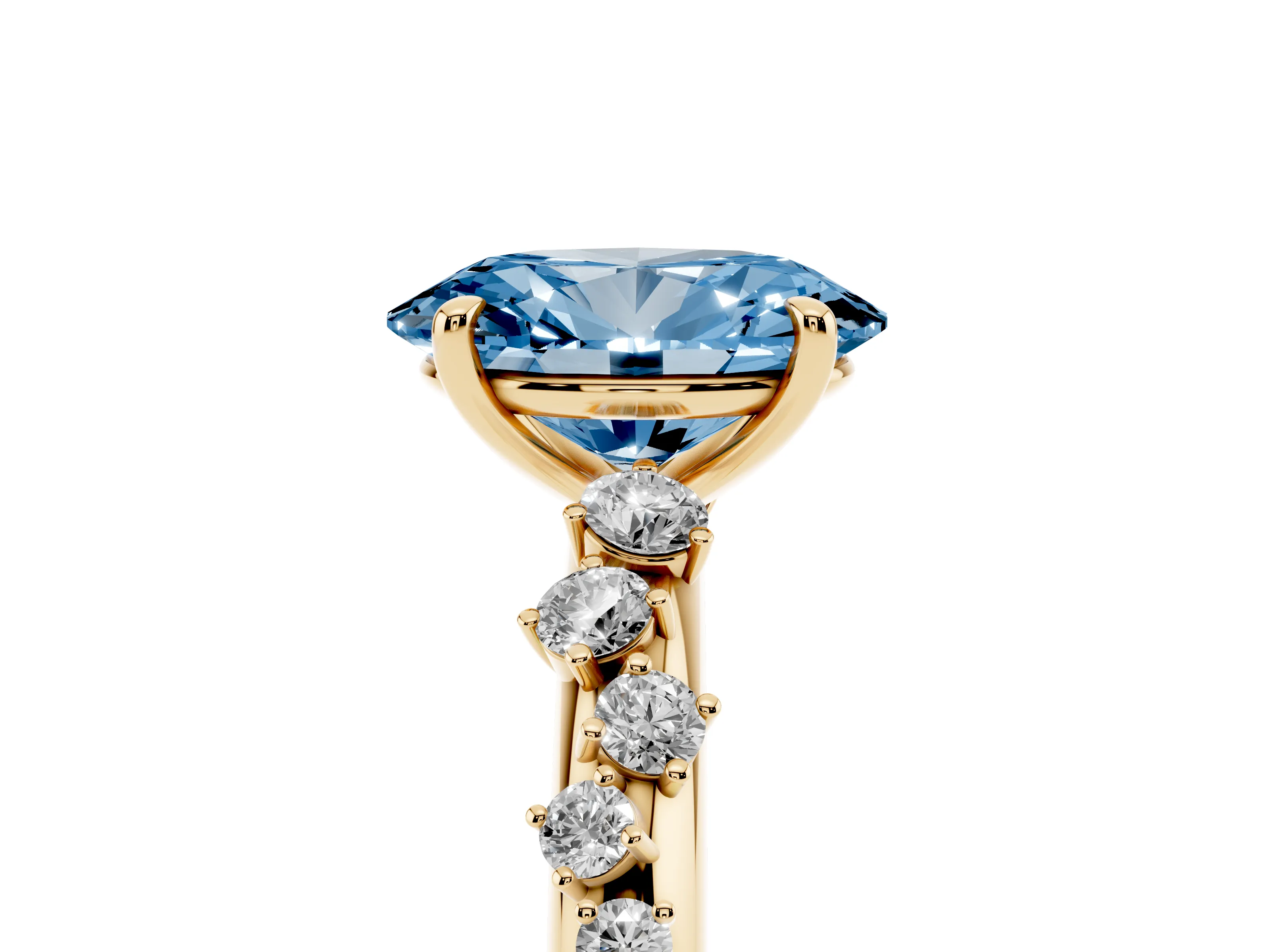 Fancy Blue Oval Cut Diamond Cluster Solitaire Ring Set in Yellow gold with Prong Setting