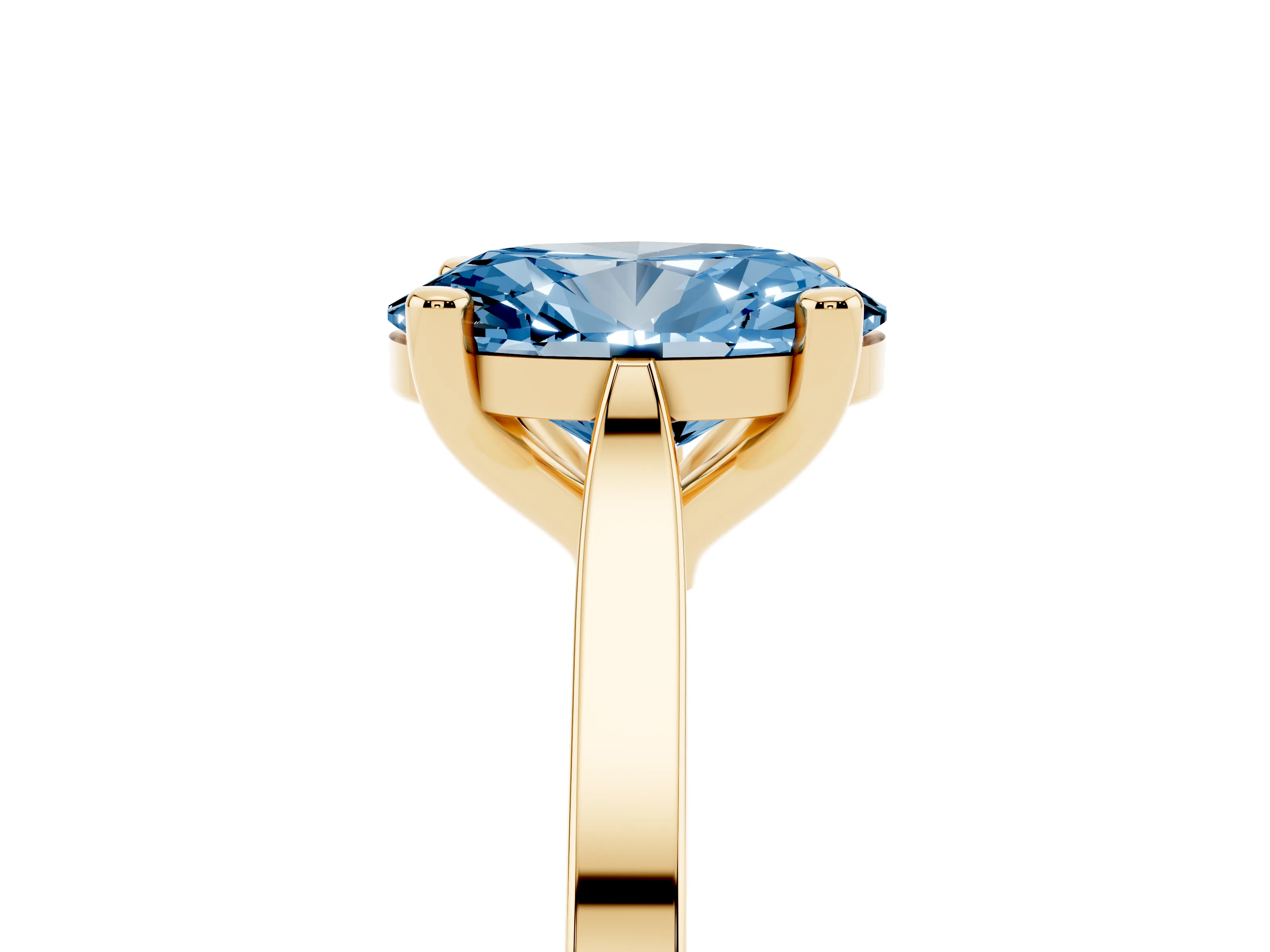 Fancy Blue Oval Cut Diamond Solitaire Ring Set in Yellow gold with Prong Setting and Tapered Band