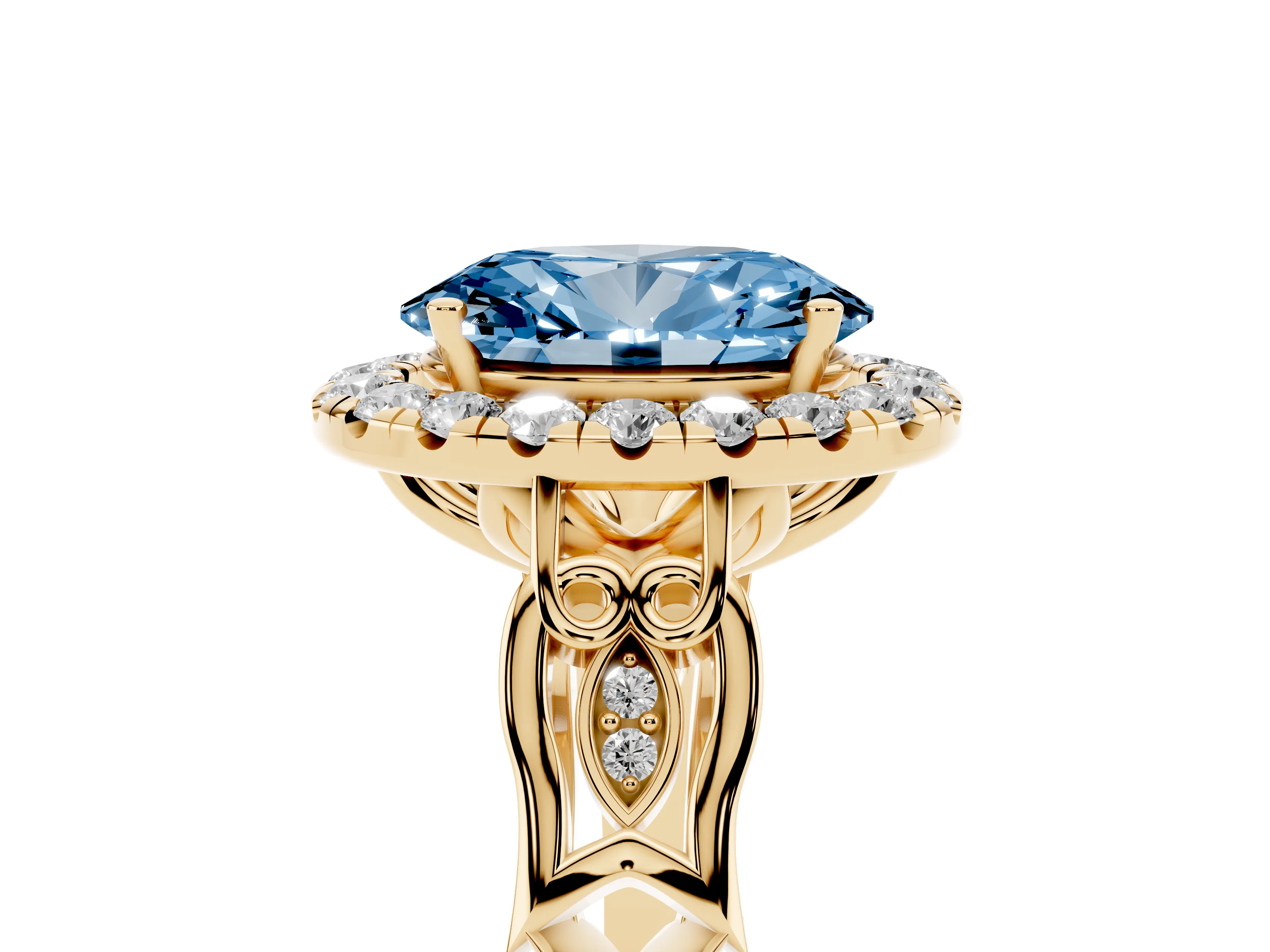 Fancy Blue Oval Cut Diamond Halo Engagement Ring Set in Yellow gold with Filigree Band and Prong-Set Center