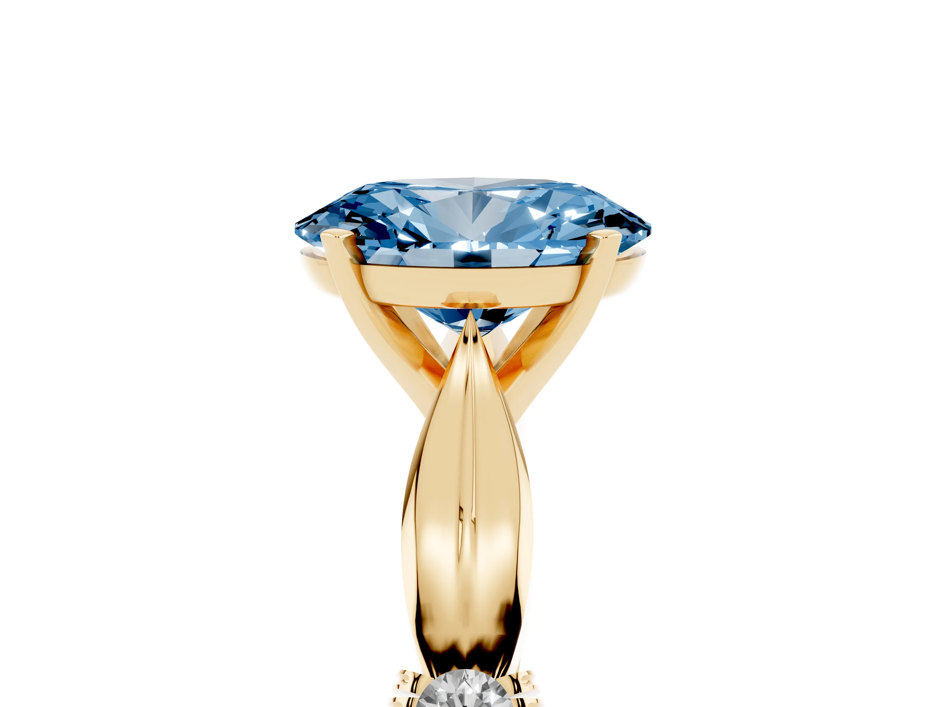 Fancy Blue Oval Cut Diamond Solitaire Twisted Band Ring Set in Yellow gold with Accent Stones and Prong Setting