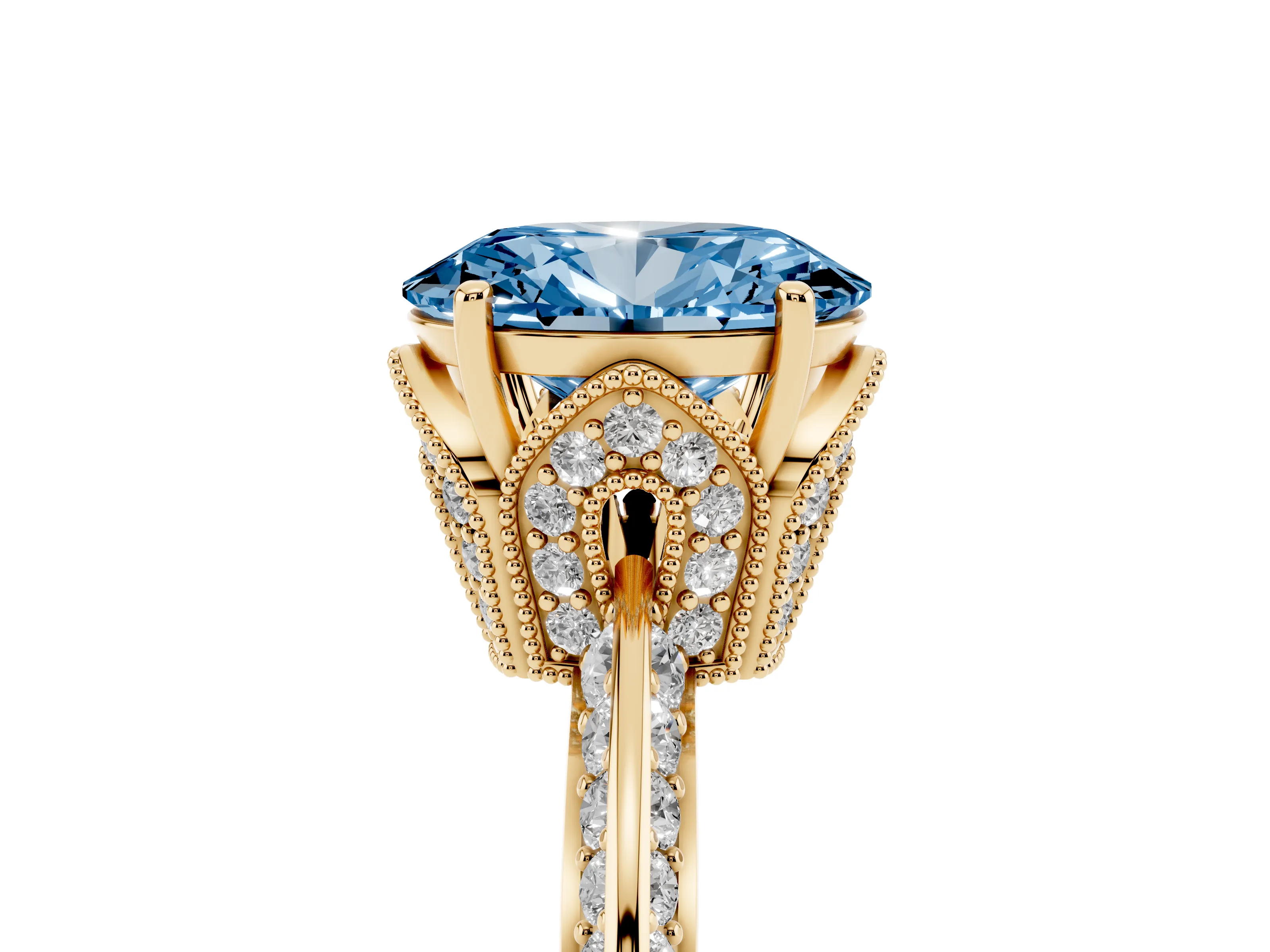 Fancy Blue Oval Cut Diamond Solitaire Engagement Ring Set in Yellow gold with Pavé Split Shank and Prong Setting