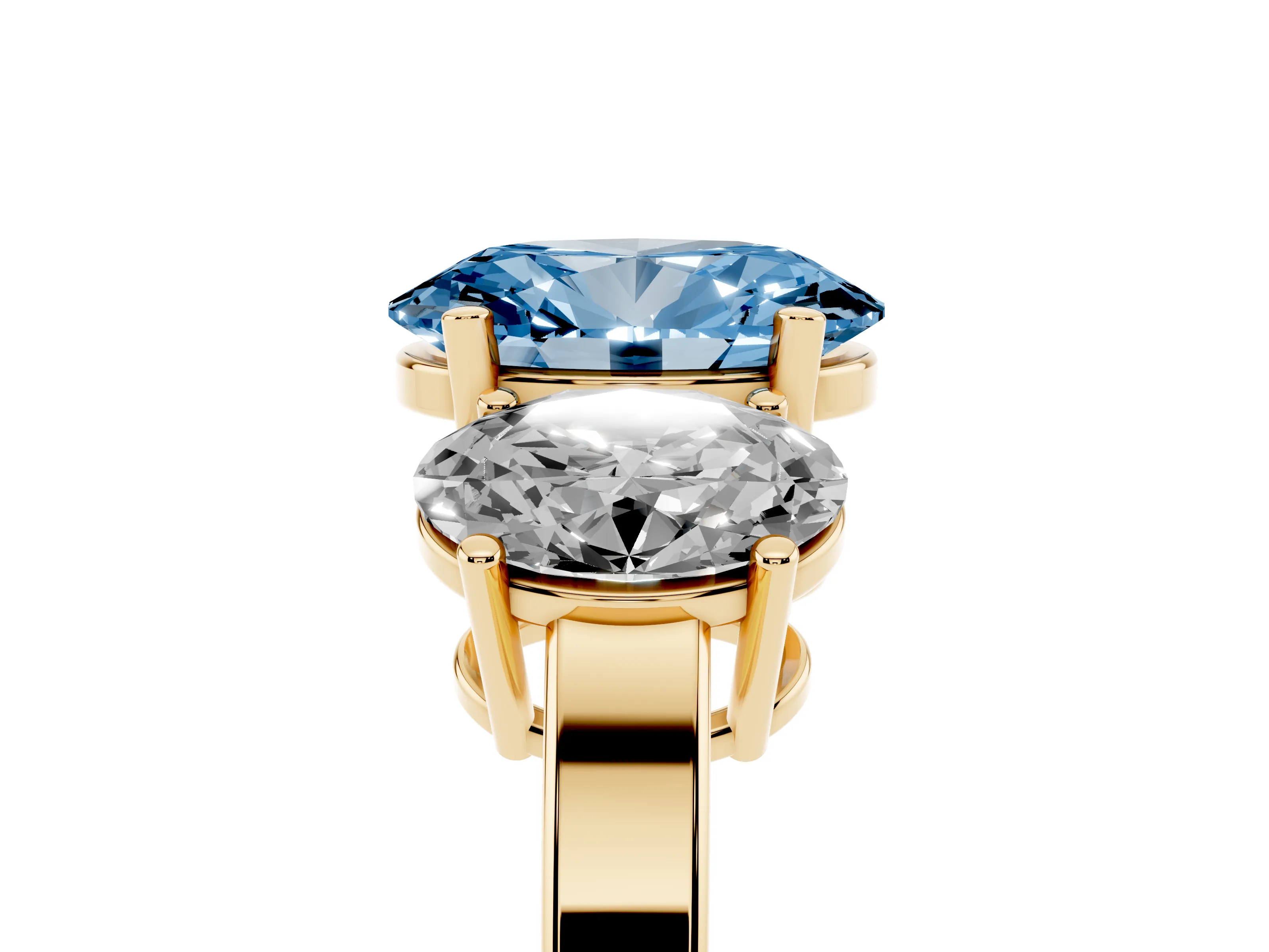 Fancy Blue Oval Cut Diamond Three-Stone Engagement Ring Set in Yellow gold with Flat Band