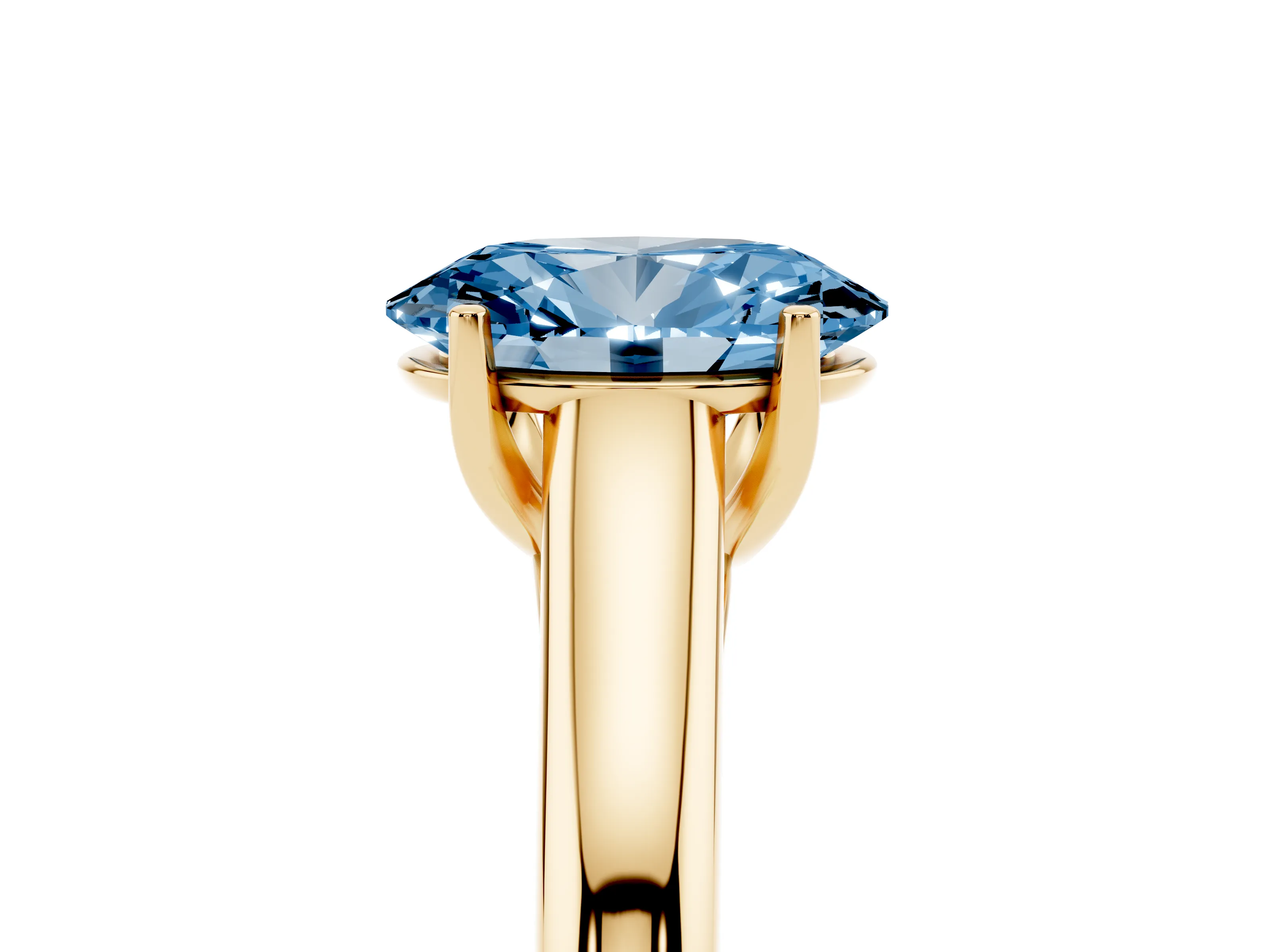 Fancy Blue Oval Cut Diamond Solitaire Engagement Ring Set in Yellow gold with Subtly Tapered Band and Prong Setting