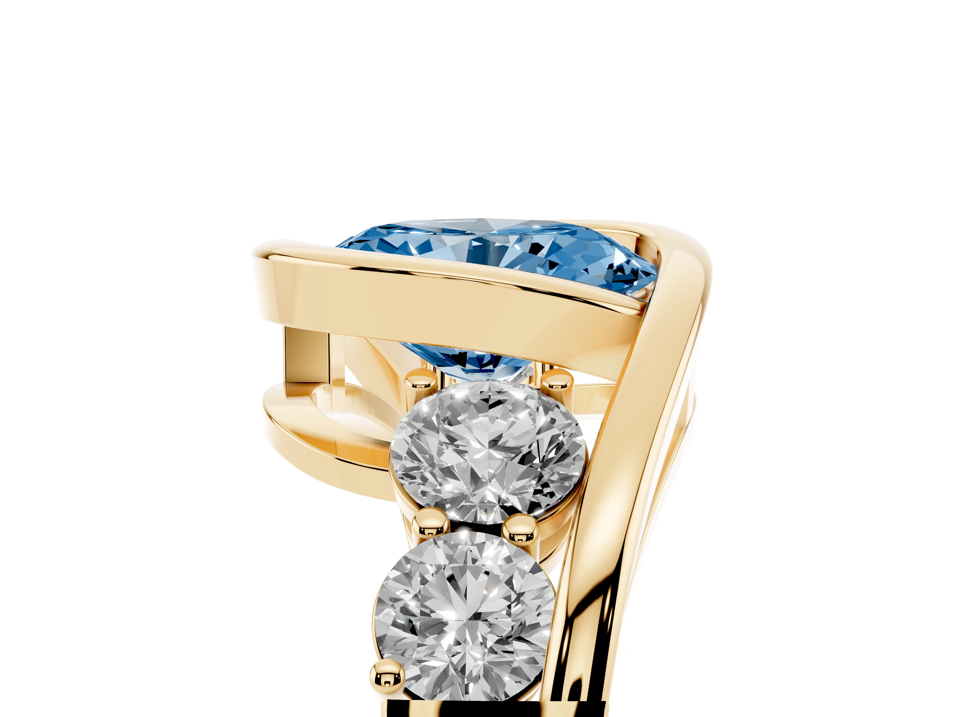 Fancy Blue Oval Cut Diamond Bezel Bypass Ring Set in Yellow gold with Round Accents