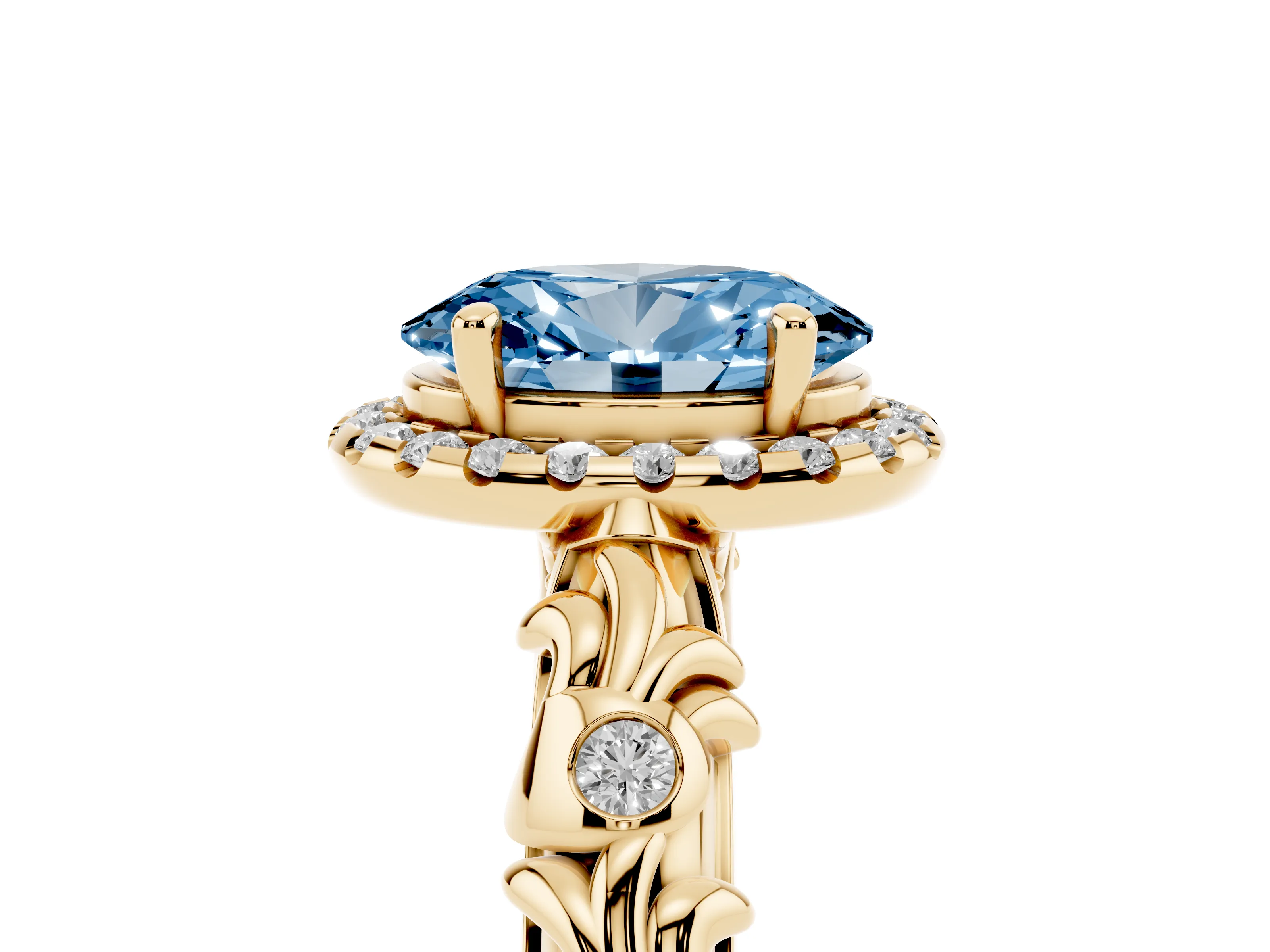Fancy Blue Oval Cut Diamond Halo Ring Set in Yellow gold with Filigree Leaf Band and Prong Setting