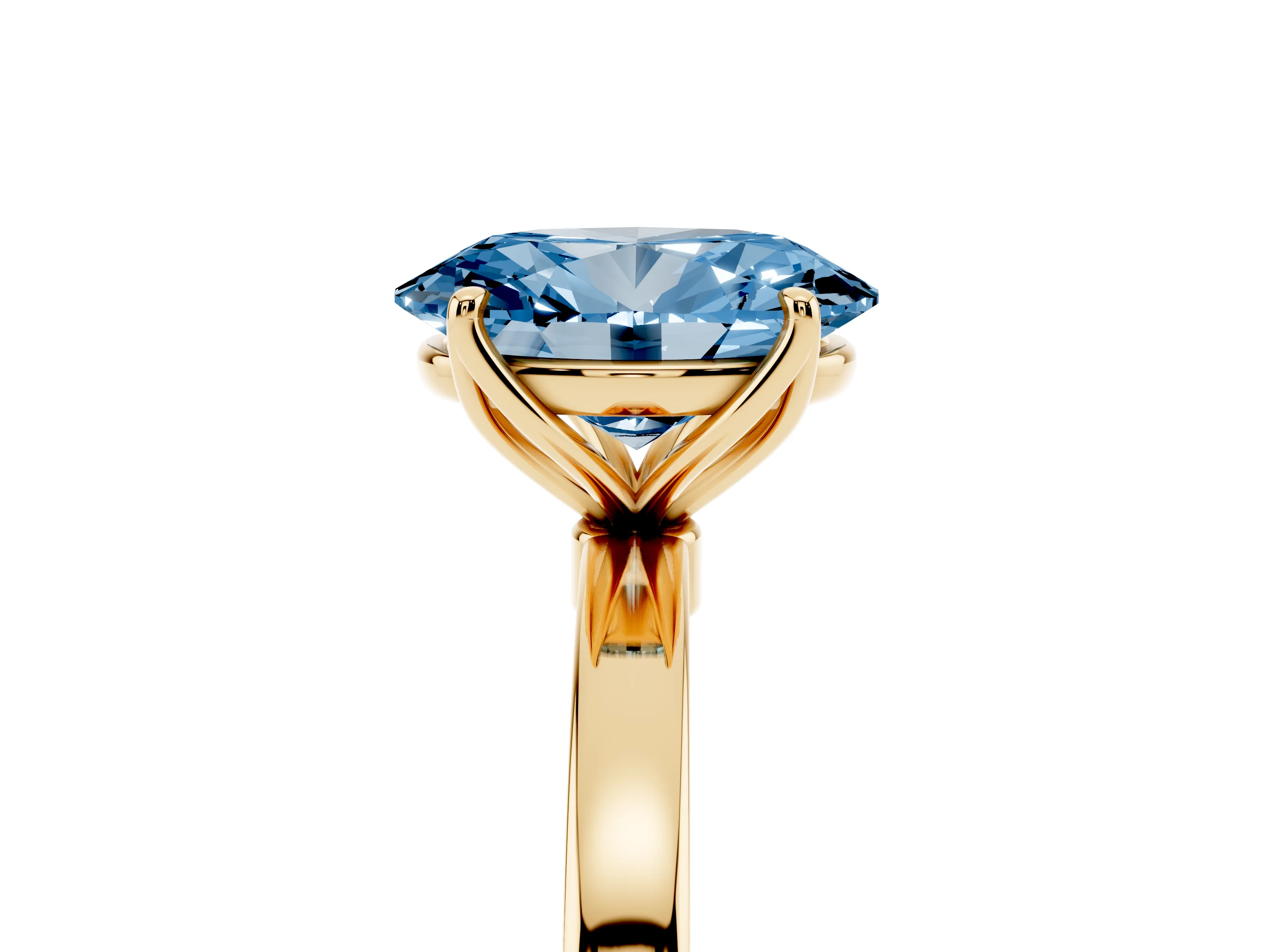 Fancy Blue Oval Cut Diamond Solitaire Ring Set in Yellow gold with Prong Setting and Thin Polished Band