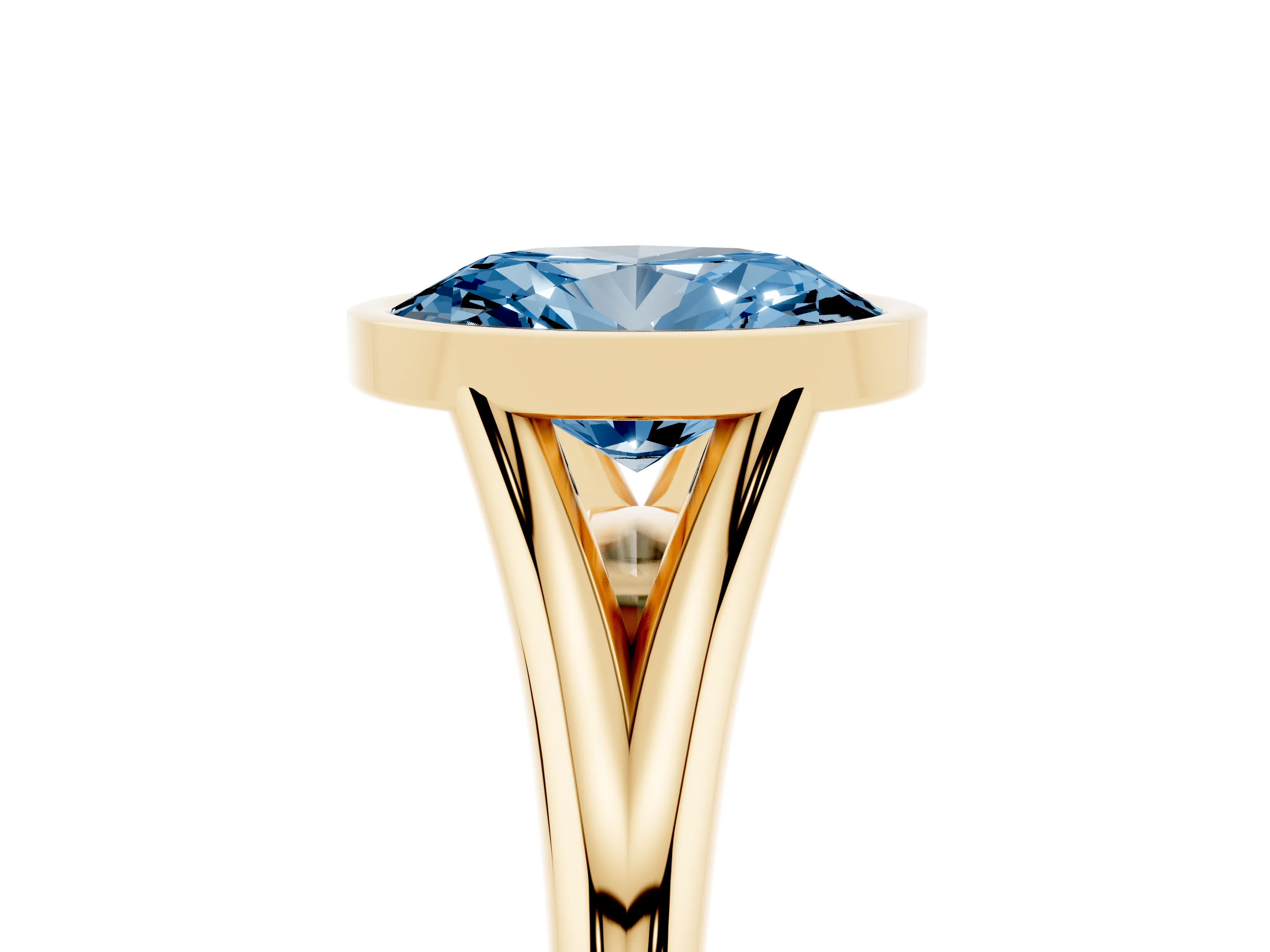 Fancy Blue Bezel Set Oval Cut Diamond Solitaire Ring Set in Yellow gold with Tapered Band