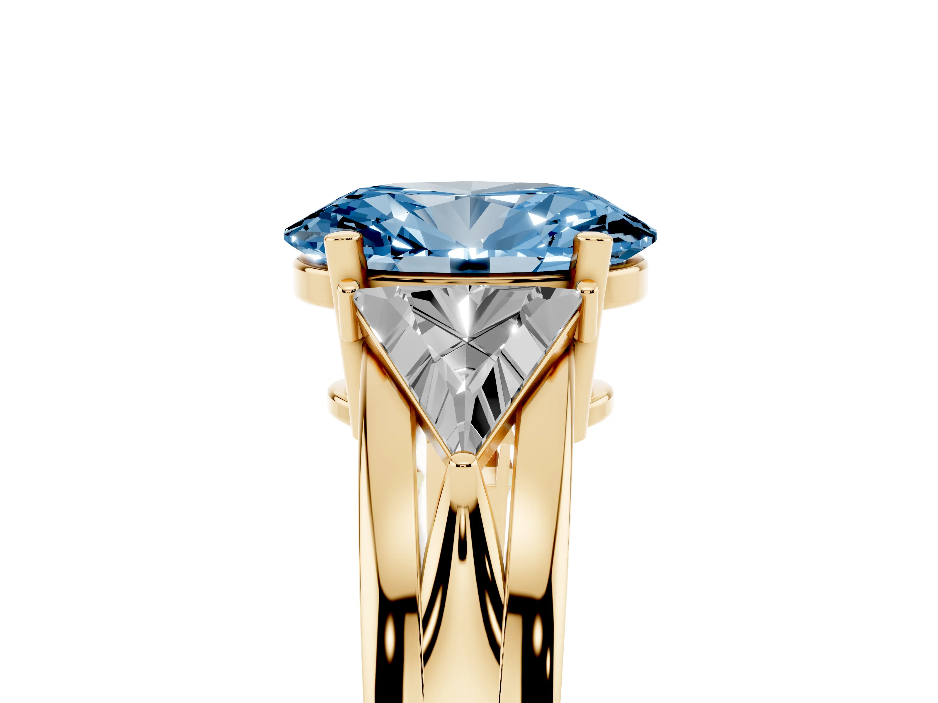 Fancy Blue Oval Cut Diamond Three-Stone Ring Set in Yellow gold with Trillion Side Stones and Split Shank