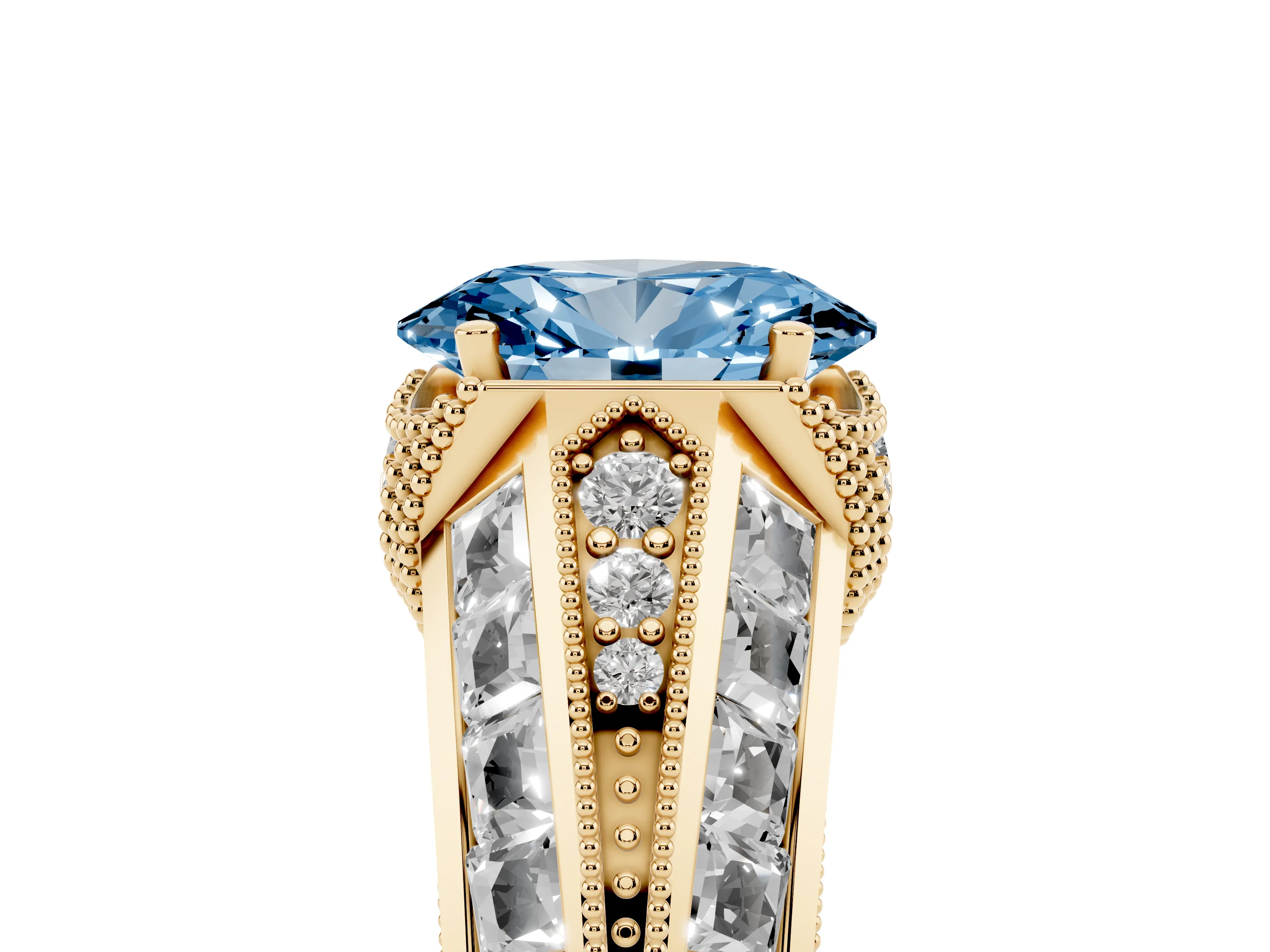 Fancy Blue Oval Cut Diamond Vintage-Inspired Milgrain Ring Set in Yellow gold with Accent Split Shank