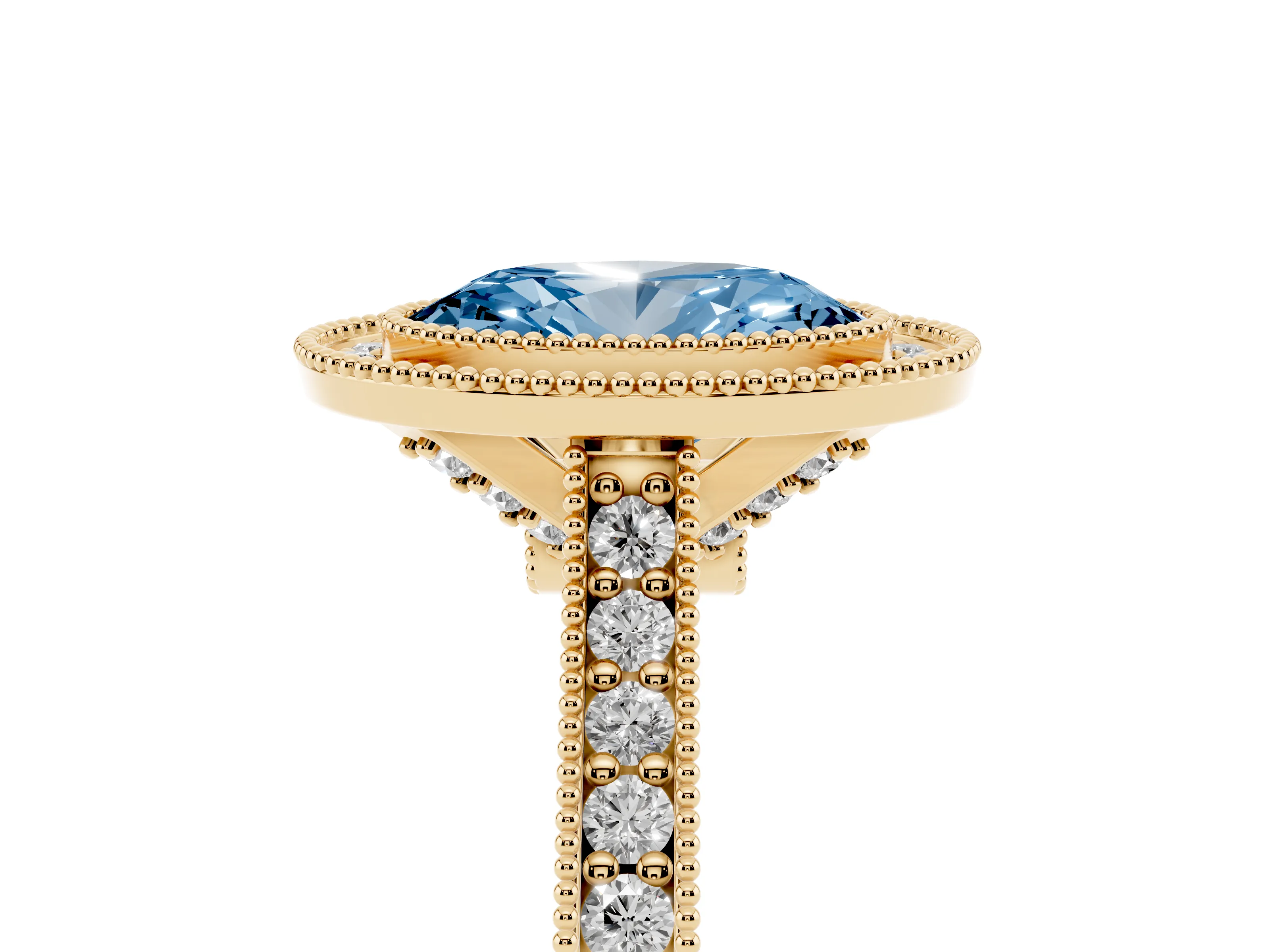 Fancy Blue Oval Cut Diamond Halo Milgrain Pavé Band Ring Set in Yellow gold with Prong Setting