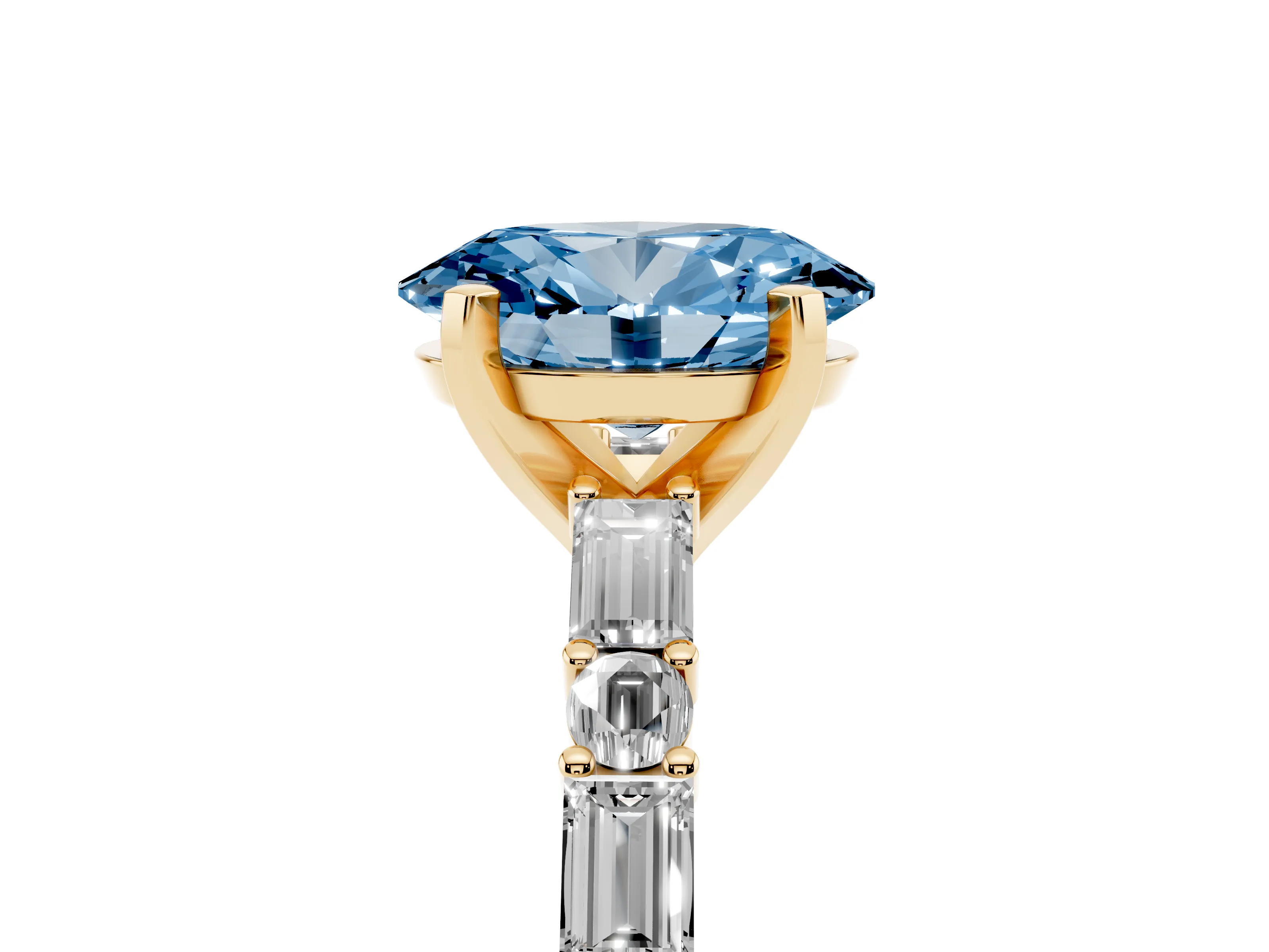 Fancy Blue Oval Cut Diamond Solitaire Set in Yellow gold with Side Baguettes and Channel Set Band