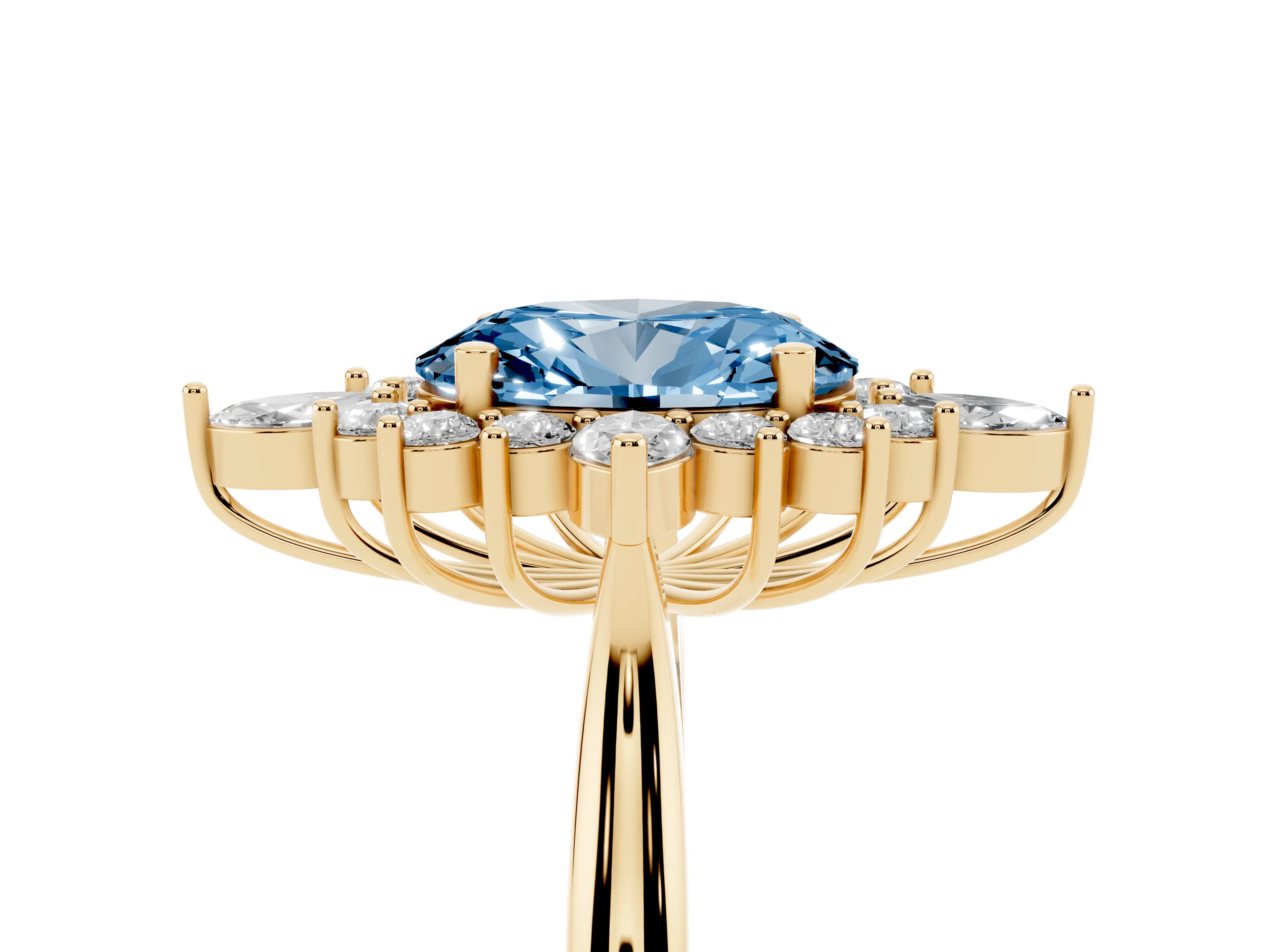 Fancy Blue Oval Cut Diamond Cluster Halo Ring Set in Yellow gold with Marquise and Round Accents