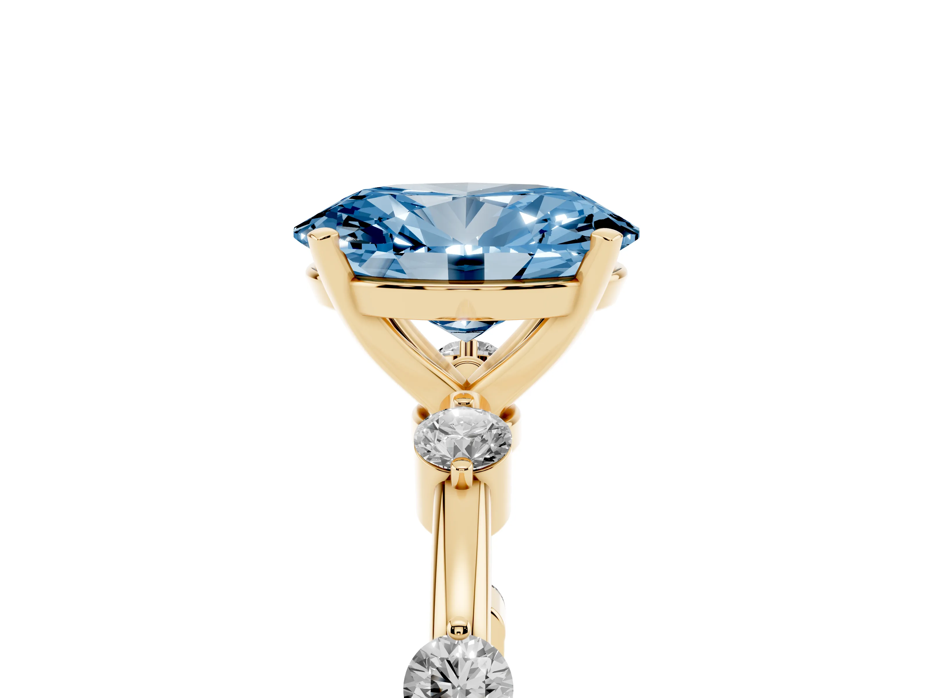 Fancy Blue Oval Cut Diamond Solitaire Ring Set in Yellow gold with Bezel Set Side Stones and Prong Setting