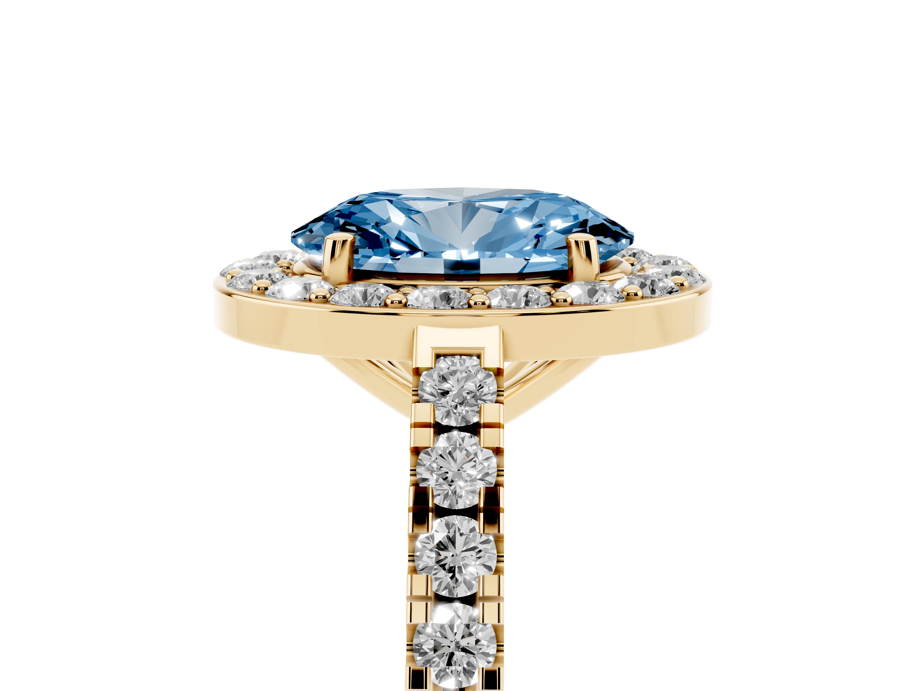 Fancy Blue Oval Cut Diamond Halo Ring Set in Yellow gold with Round Pavé Split Shank and Prong Setting