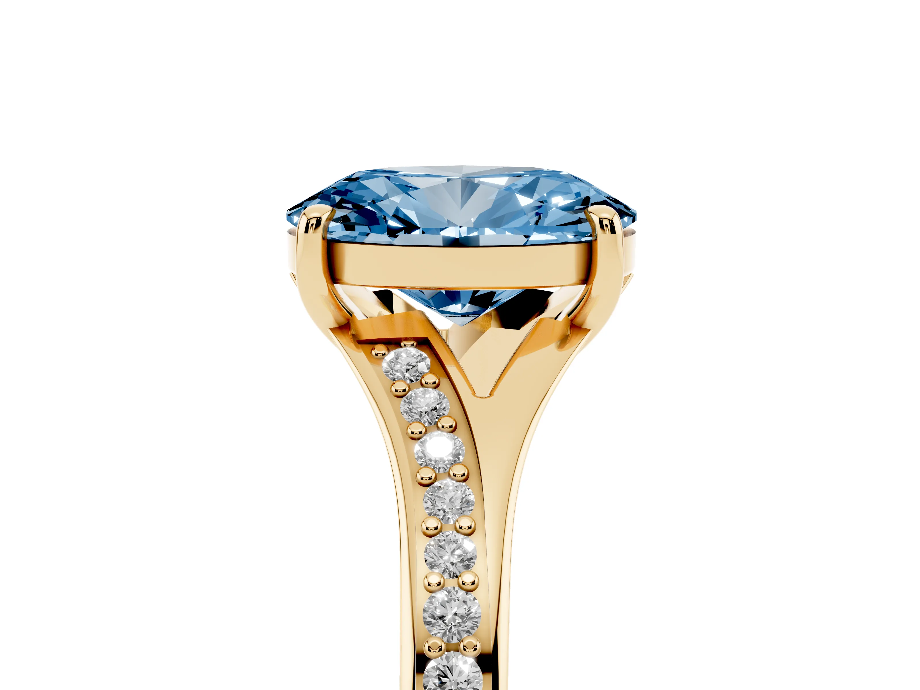 Fancy Blue Oval Cut Diamond Solitaire Ring Set in Yellow gold with Pavé Accent Band and Classic Prong Setting