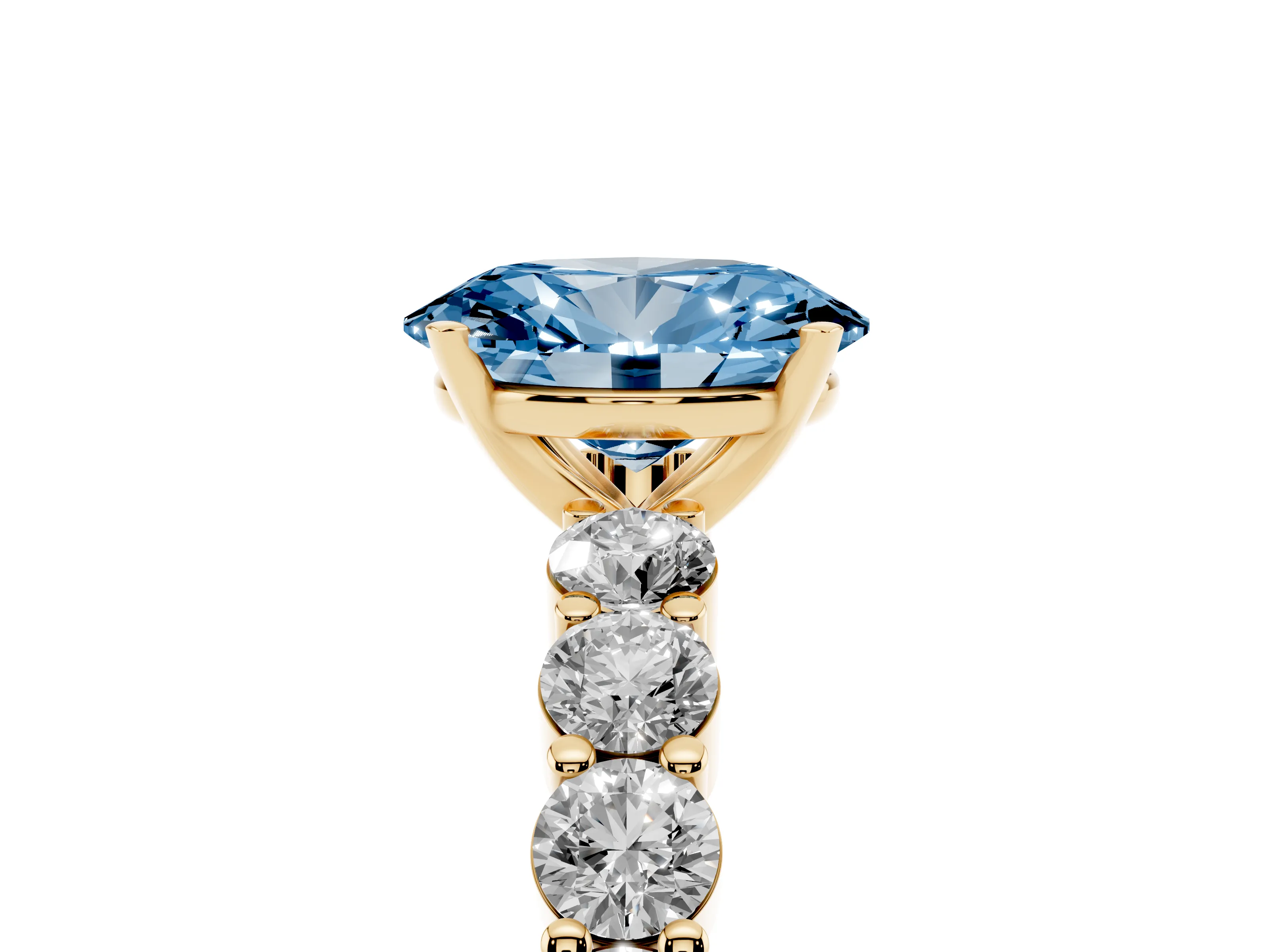 Fancy Blue Oval Cut Diamond Solitaire Ring Set in Yellow gold with Shared Prong Round Side Stones