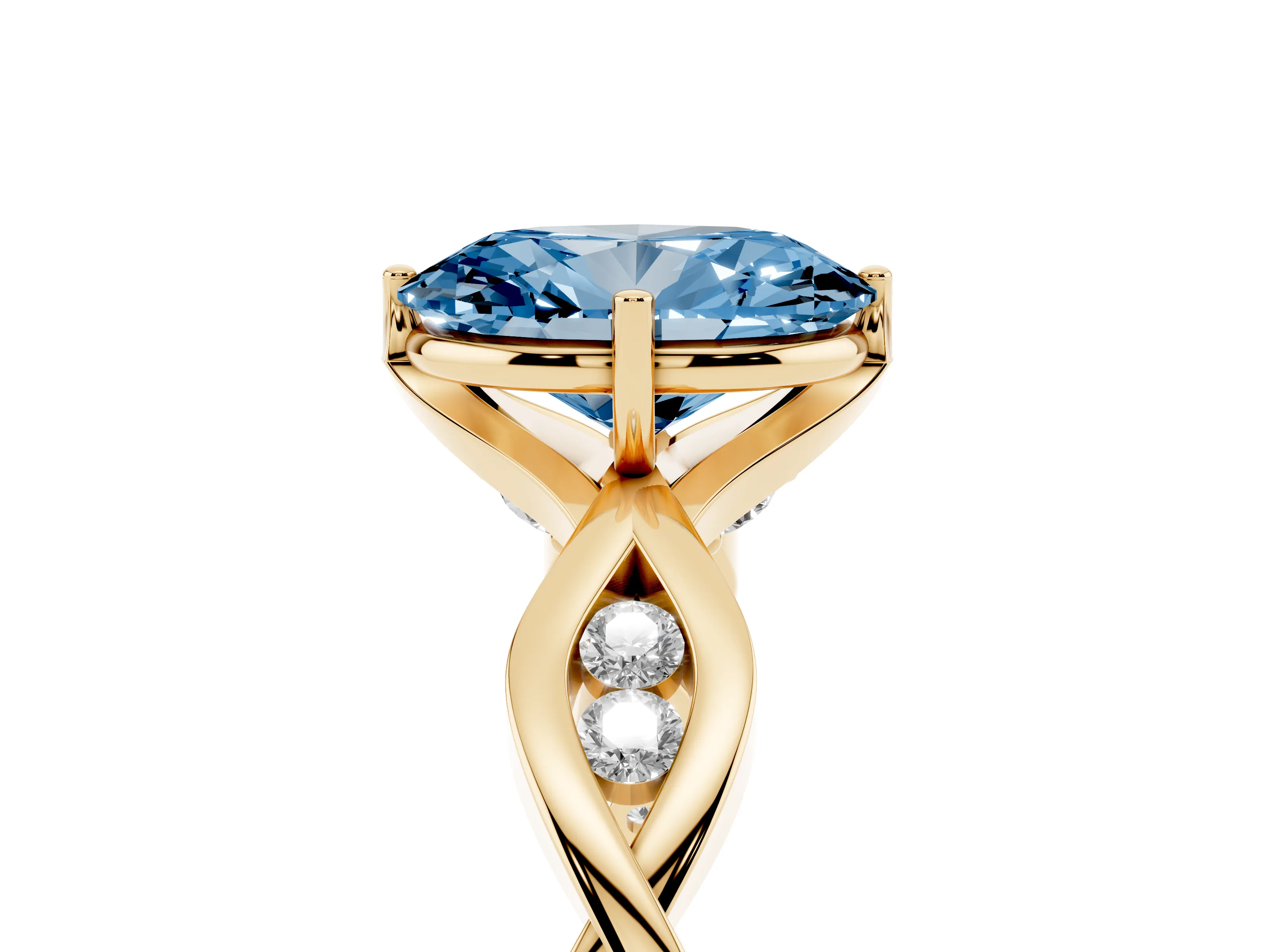 Fancy Blue Oval Cut Diamond Twist Band Solitaire Ring Set in Yellow gold with Leaf Prong Setting and Accent Stones