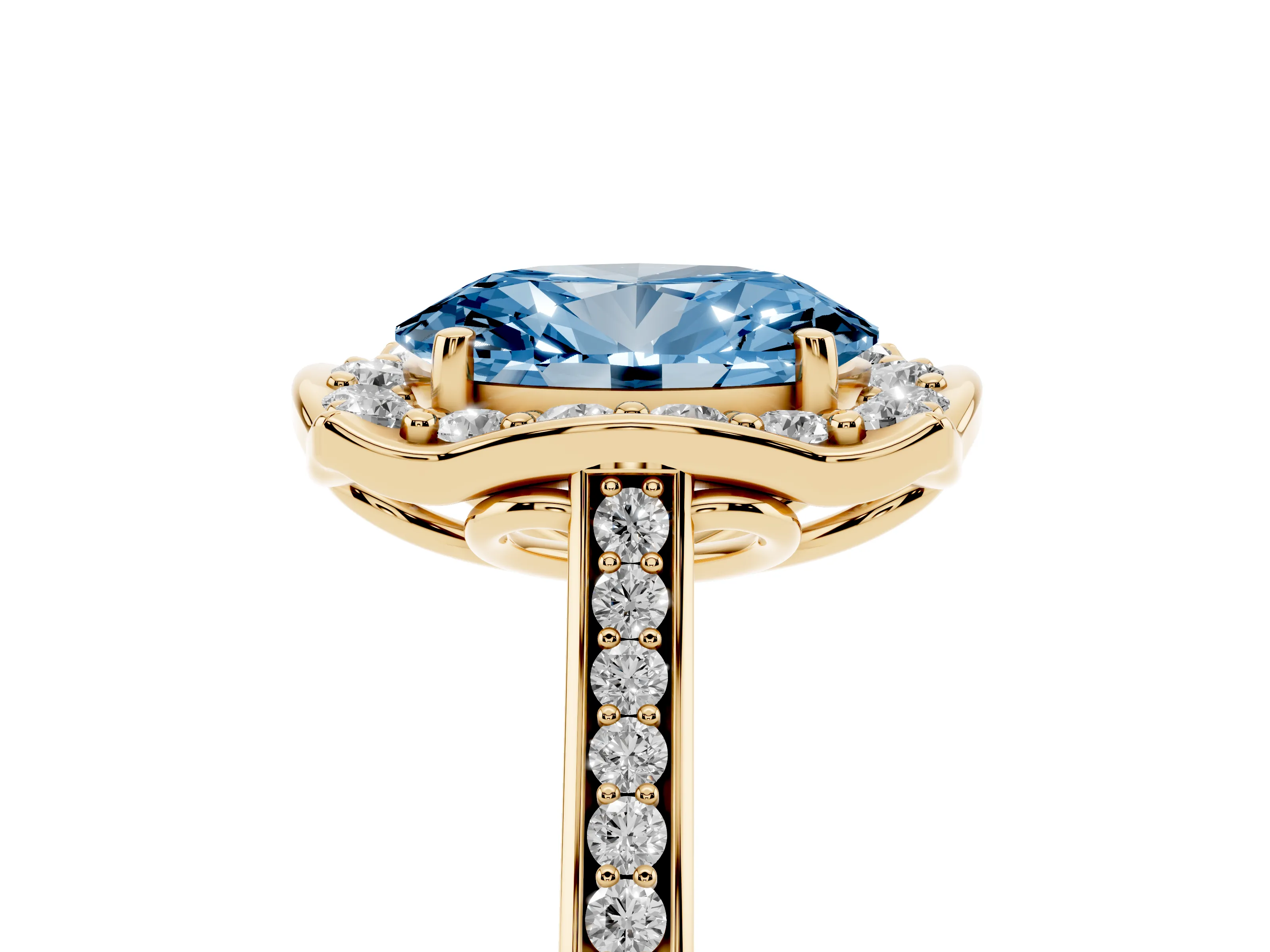 Fancy Blue Oval Cut Diamond Halo Ring Set in Yellow gold with Pavé-Lined Shoulders and Prong Setting