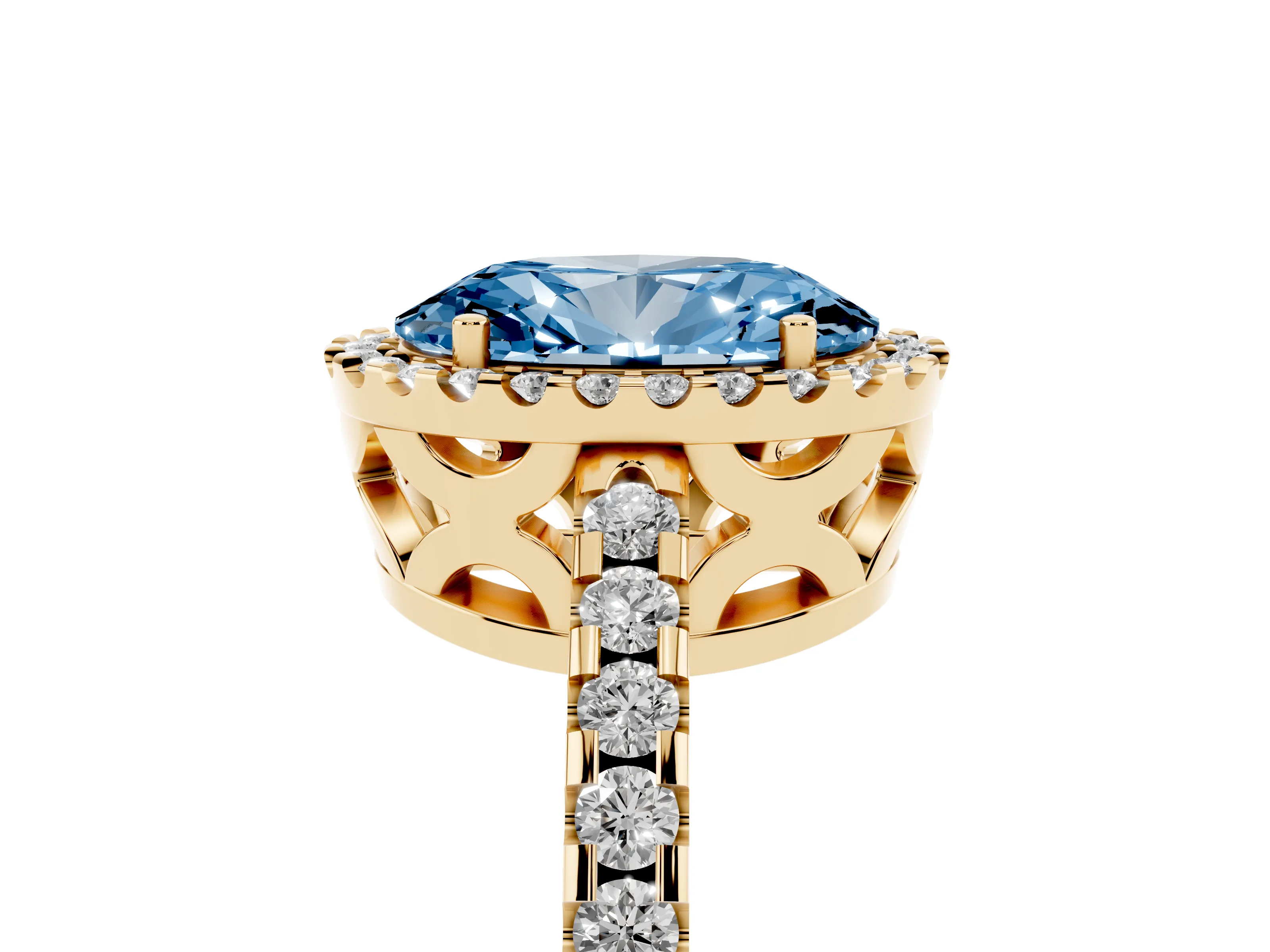 Fancy Blue Oval Cut Diamond Halo Ring Set in Yellow gold with Pavé Shoulders and Halo-Framed Center