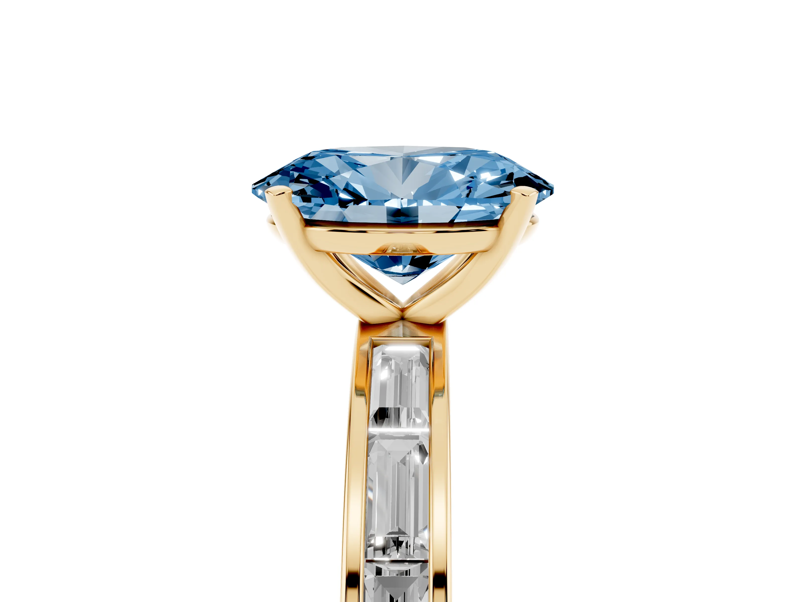 Fancy Blue Oval Cut Diamond Solitaire Ring Set in Yellow gold with Channel-Set Baguette Band and Prong Setting