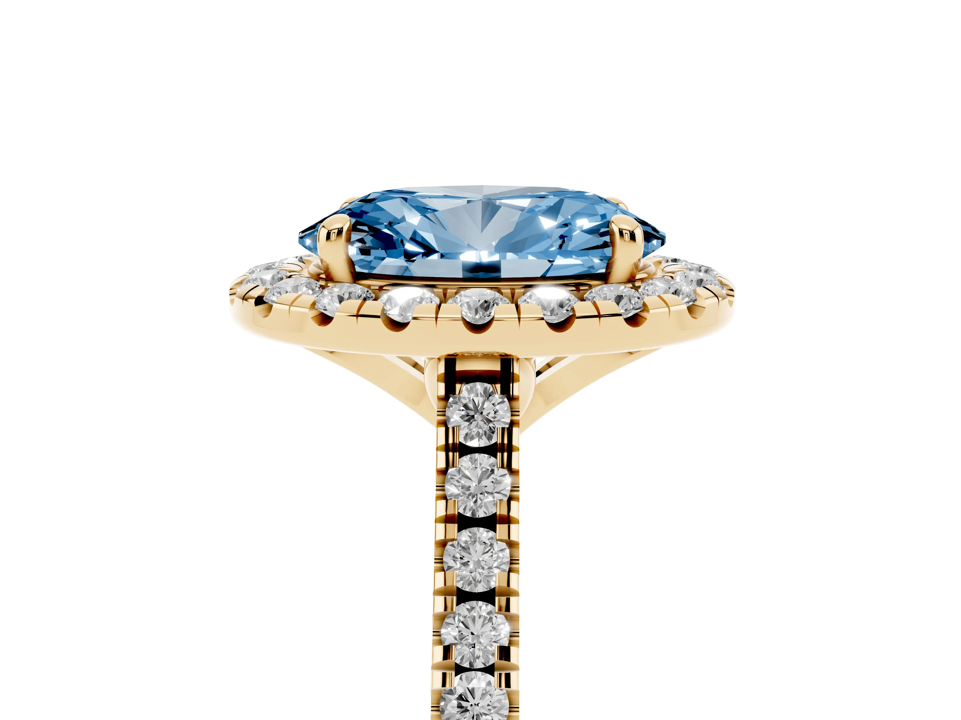 Fancy Blue Oval Cut Diamond Cushion Halo Ring Set in Yellow gold with Pavé Band