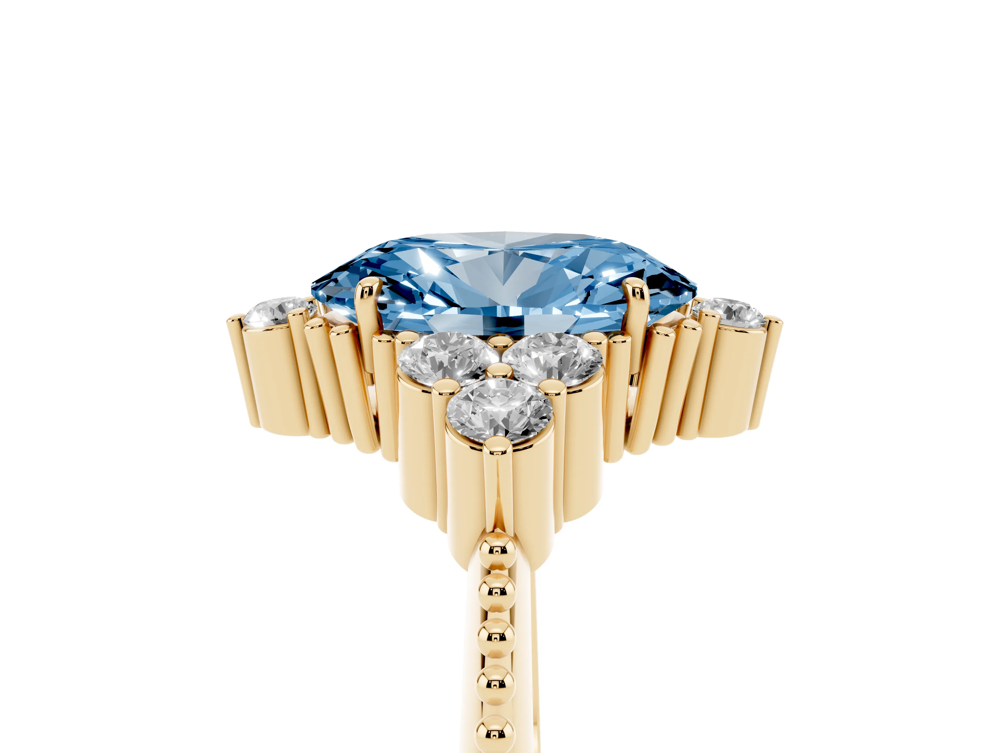 Fancy Blue Oval Cut Diamond Cluster Ring Set in Yellow gold with Beaded Band