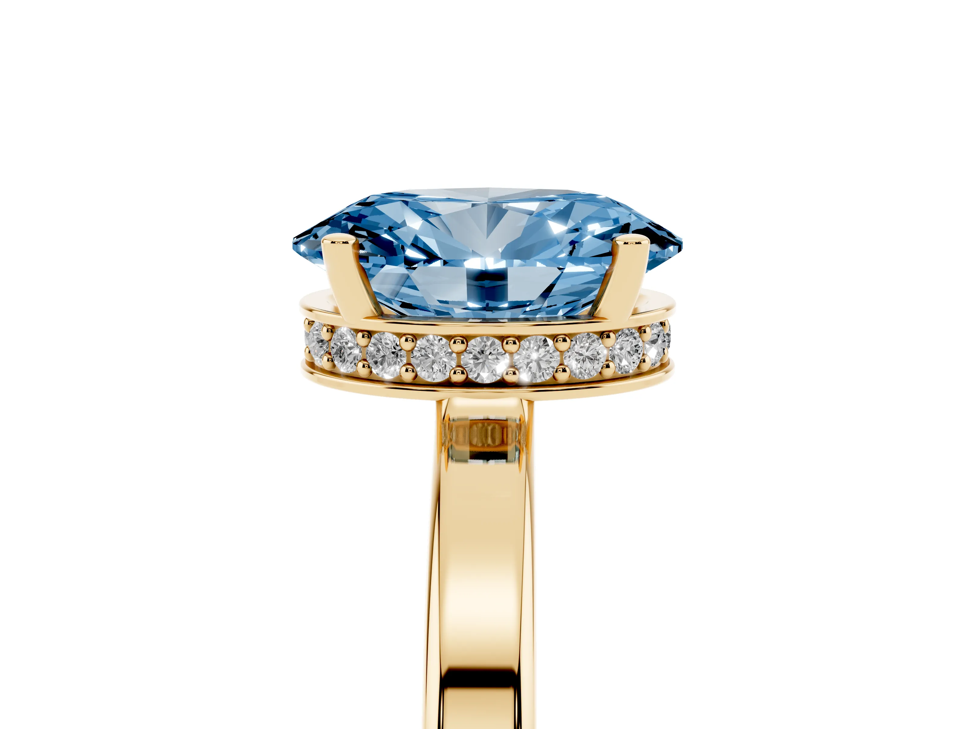 Fancy Blue Oval Cut Diamond Solitaire Engagement Ring Set in Yellow gold with Prong Setting on a Plain Band