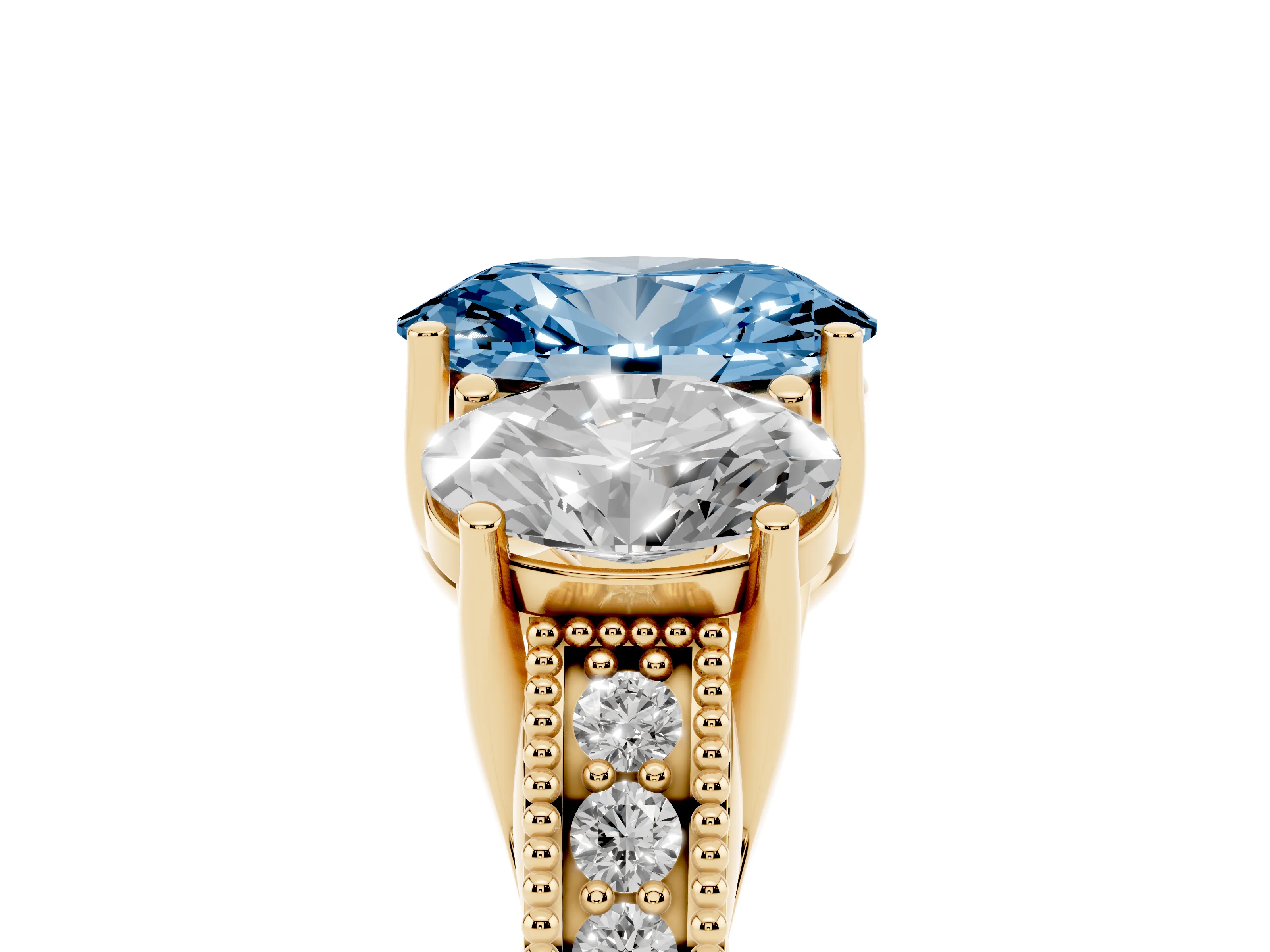 Fancy Blue Oval Cut Diamond Three-Stone Engagement Ring Set in Yellow gold with Milgrain Pavé Band