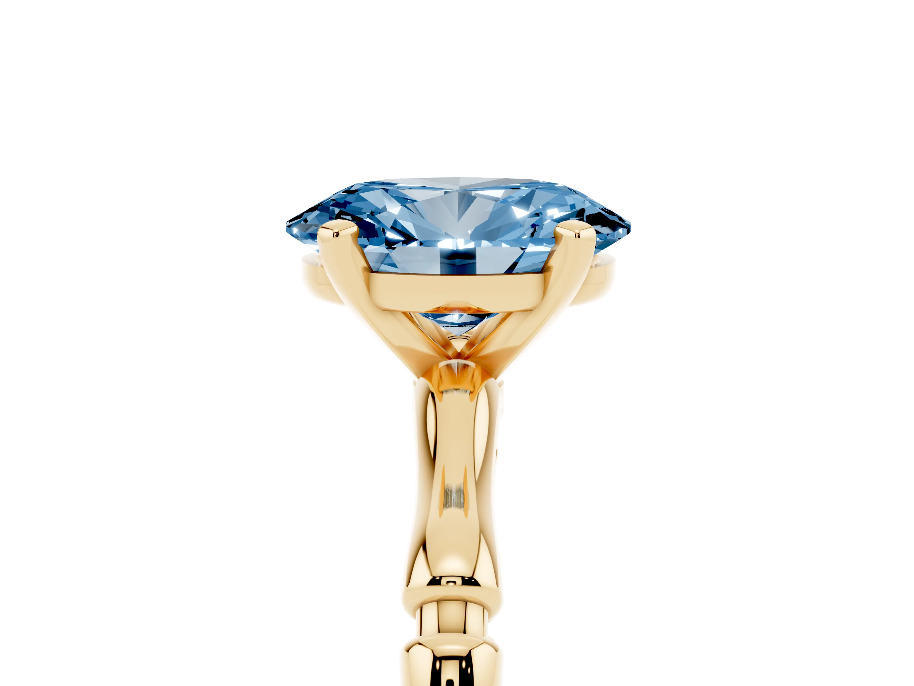 Fancy Blue Oval Cut Diamond Solitaire Ring Set in Yellow gold with Bamboo Band and Prong Setting