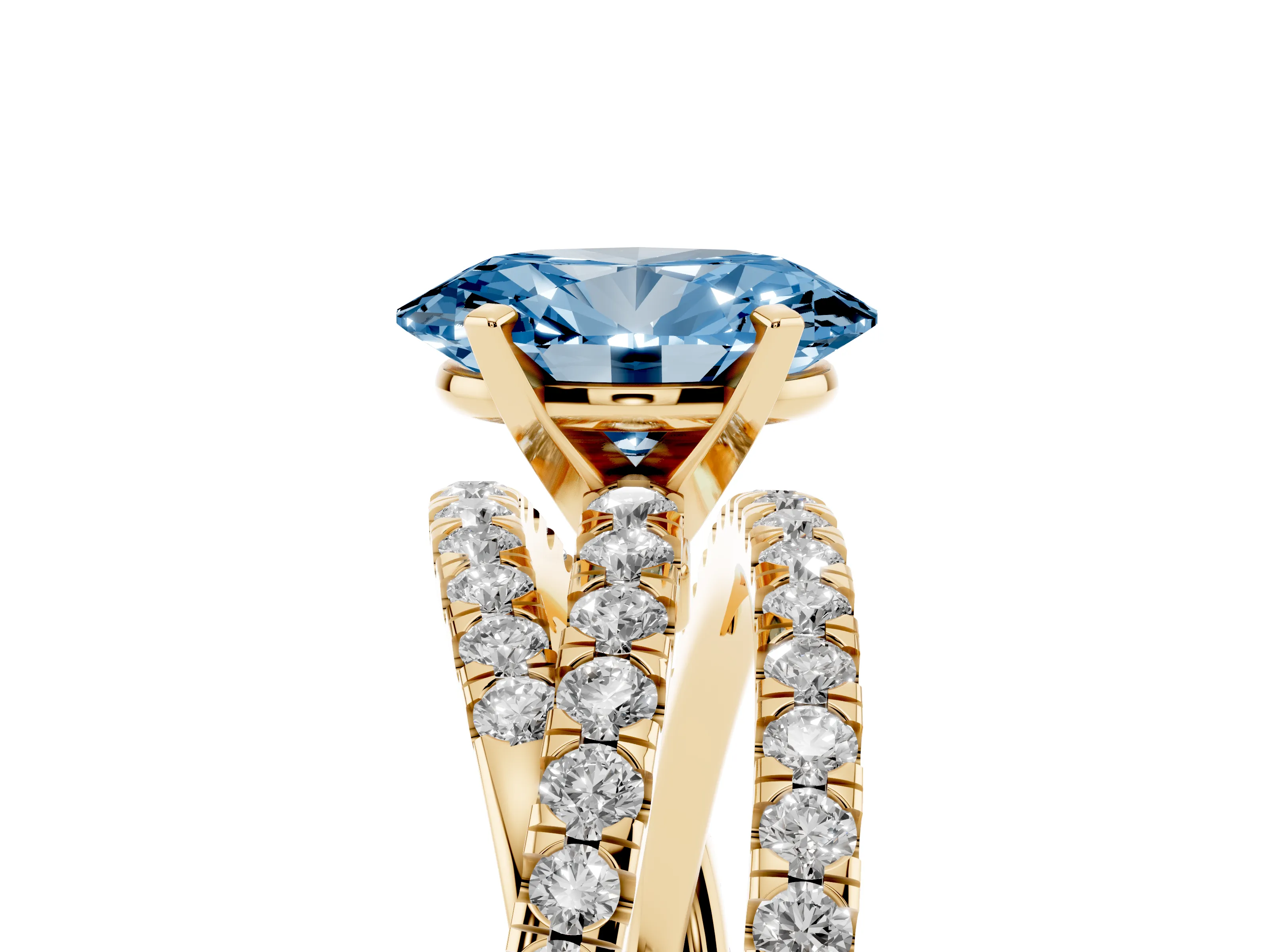 Fancy Blue Oval Cut Diamond Solitaire Twist Band Ring Set in Yellow gold with Pavé Setting and Prong Head