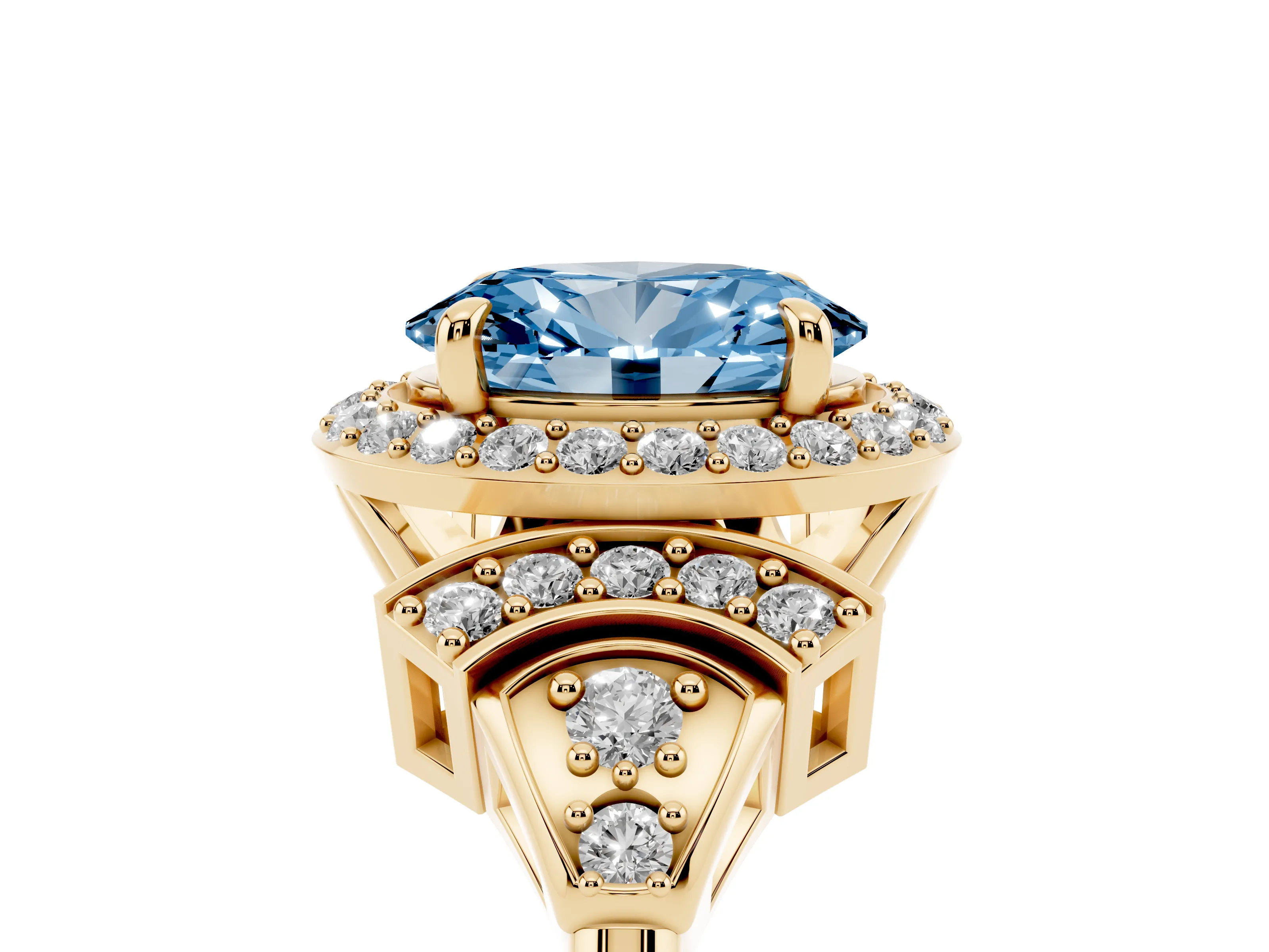 Fancy Blue Oval Cut Diamond Halo Engagement Ring Set in Yellow gold with Accent Stone Split Shank