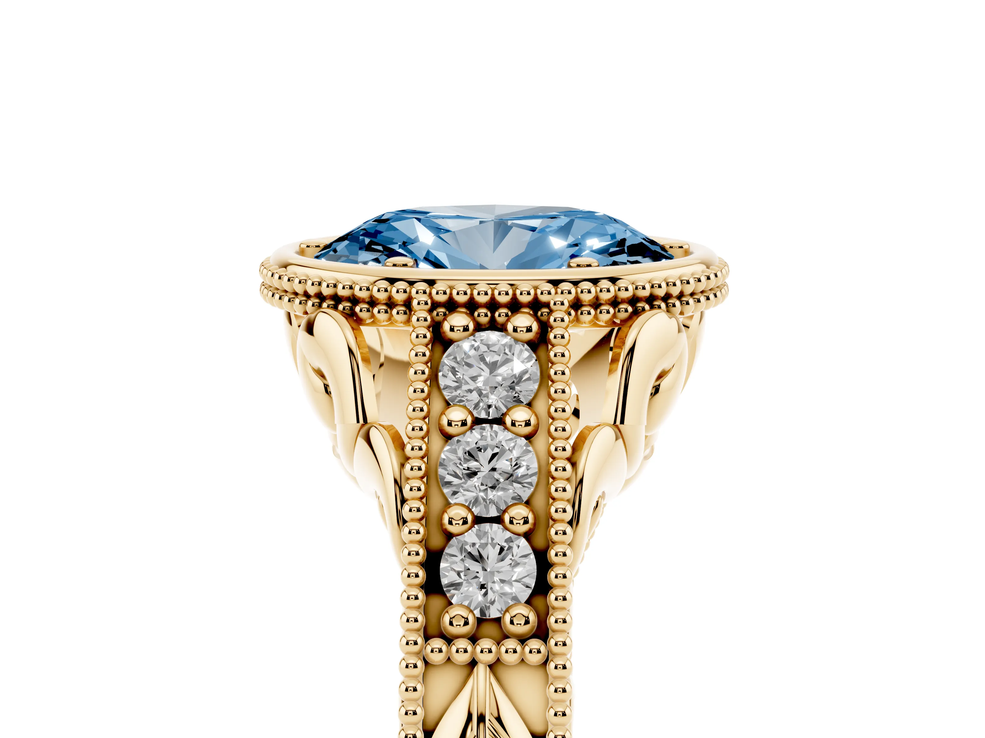 Fancy Blue Bezel Set Oval Cut Diamond Milgrain Pavé Engagement Ring Set in Yellow gold