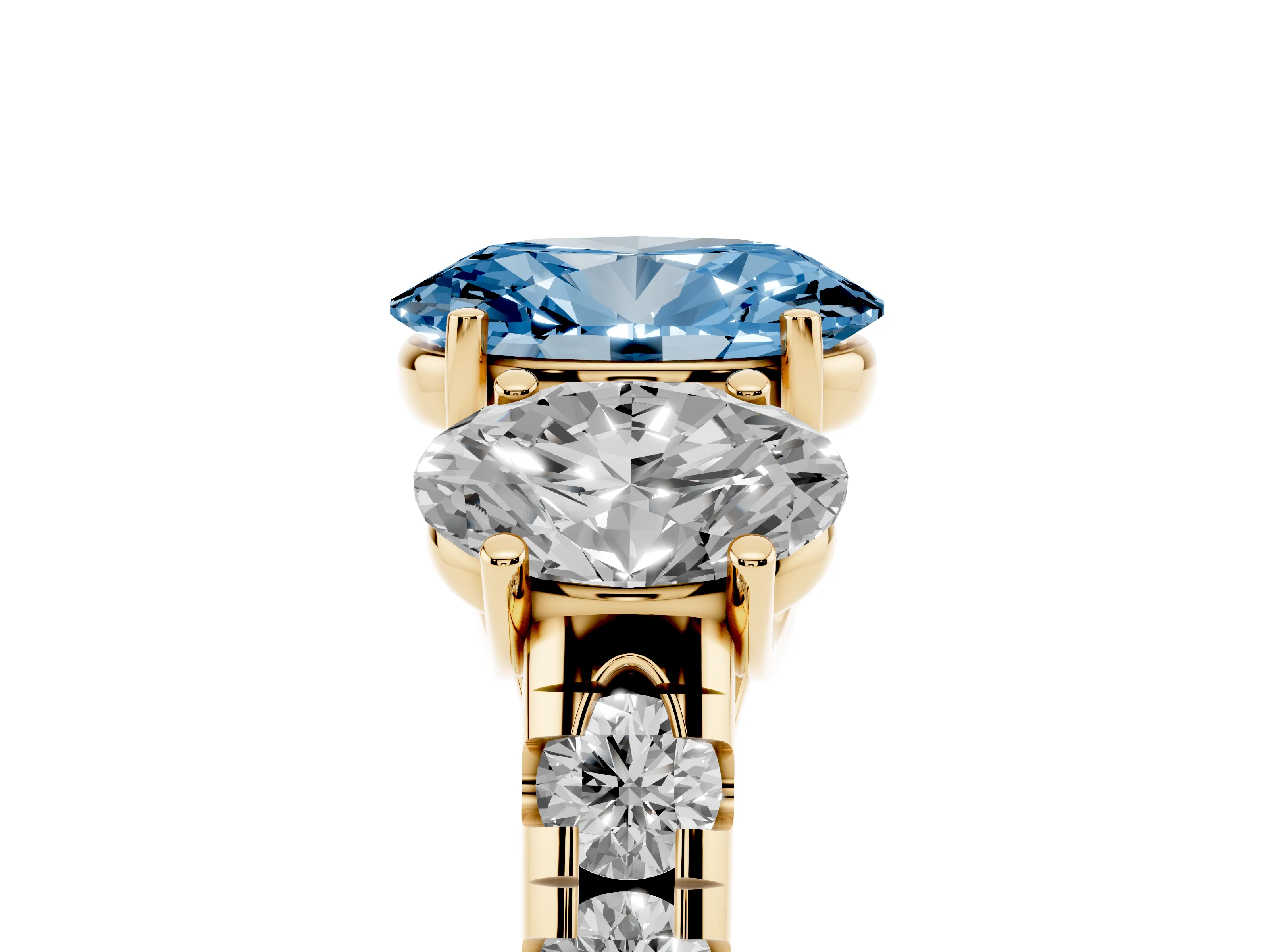 Fancy Blue Oval Cut Diamond Three-Stone Ring Set in Yellow gold with Pavé Band