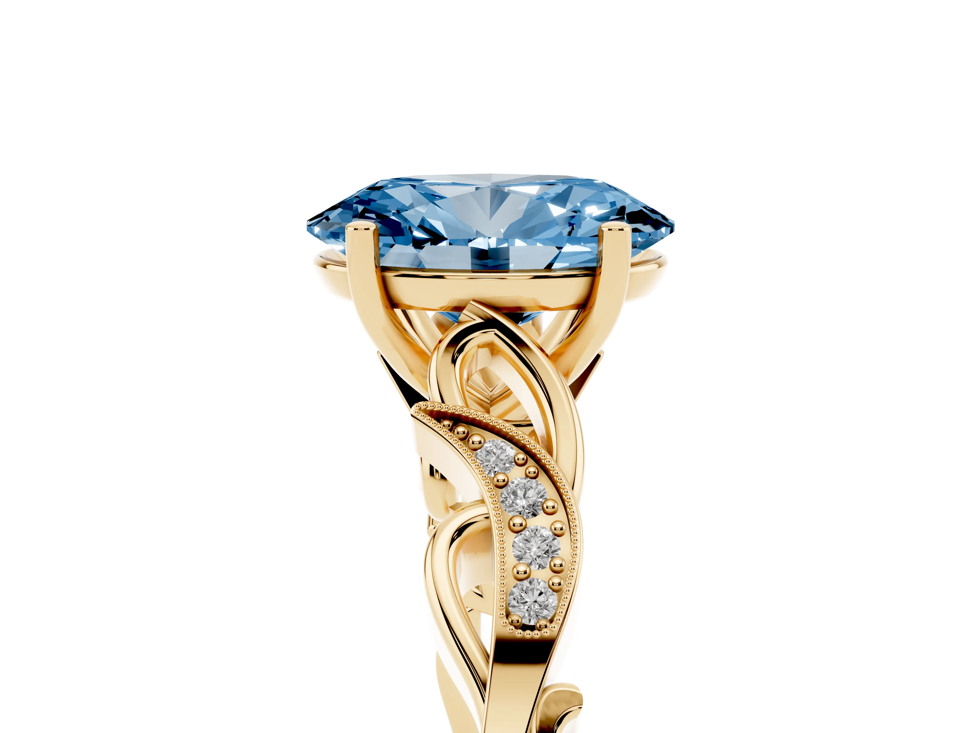 Fancy Blue Oval Cut Diamond Vine Band Solitaire Ring Set in Yellow gold with Milgrain Prong Setting
