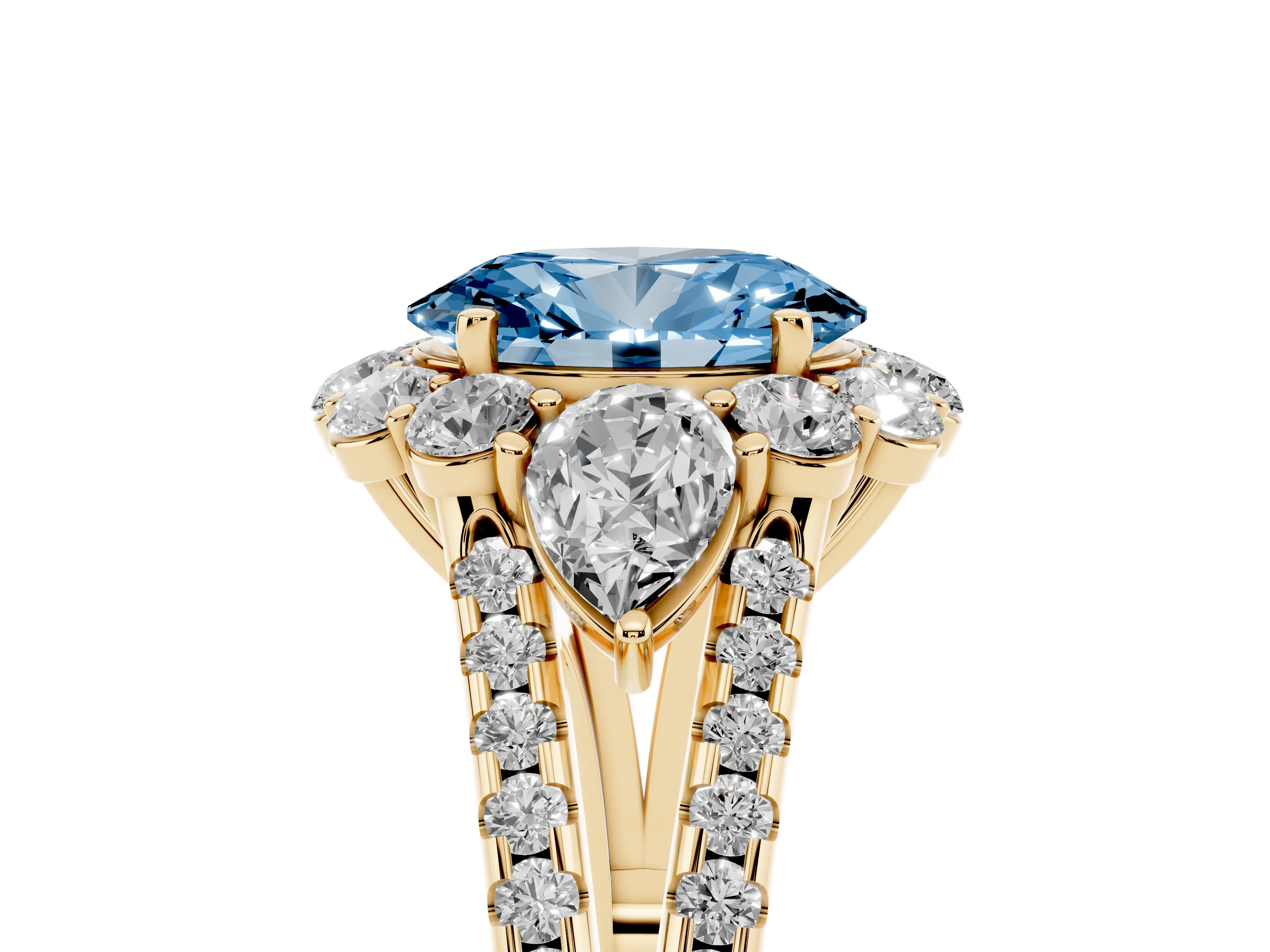 Fancy Blue Oval Cut Diamond Halo Split Shank Engagement Ring Set in Yellow gold with Prong-Held Center Stone