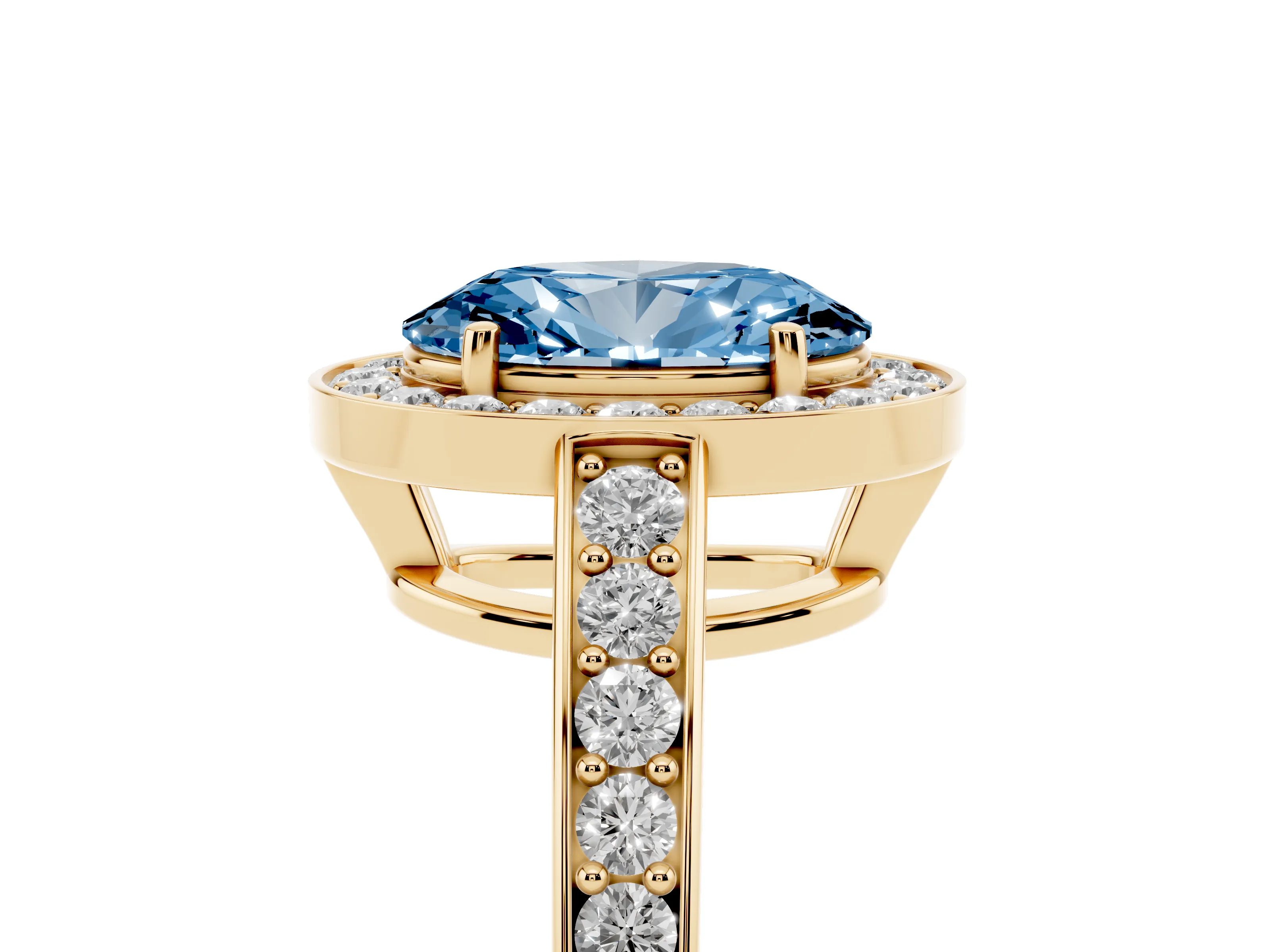Fancy Blue Oval Cut Diamond Halo Pavé Engagement Ring Set in Yellow gold with Bezel Setting
