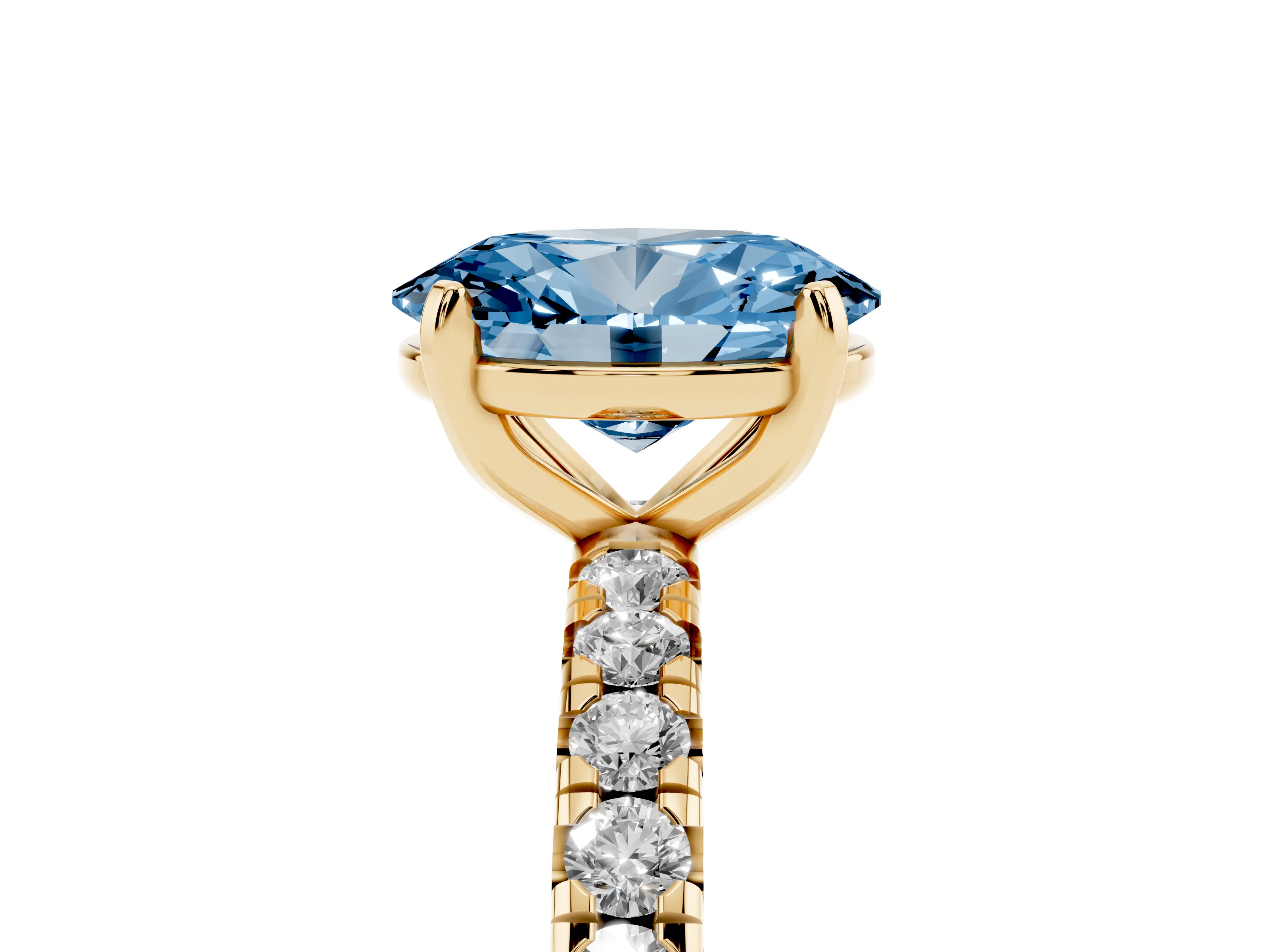 Fancy Blue Oval Cut Diamond Pavé Solitaire Ring Set in Yellow gold with Round Band and Prong Setting