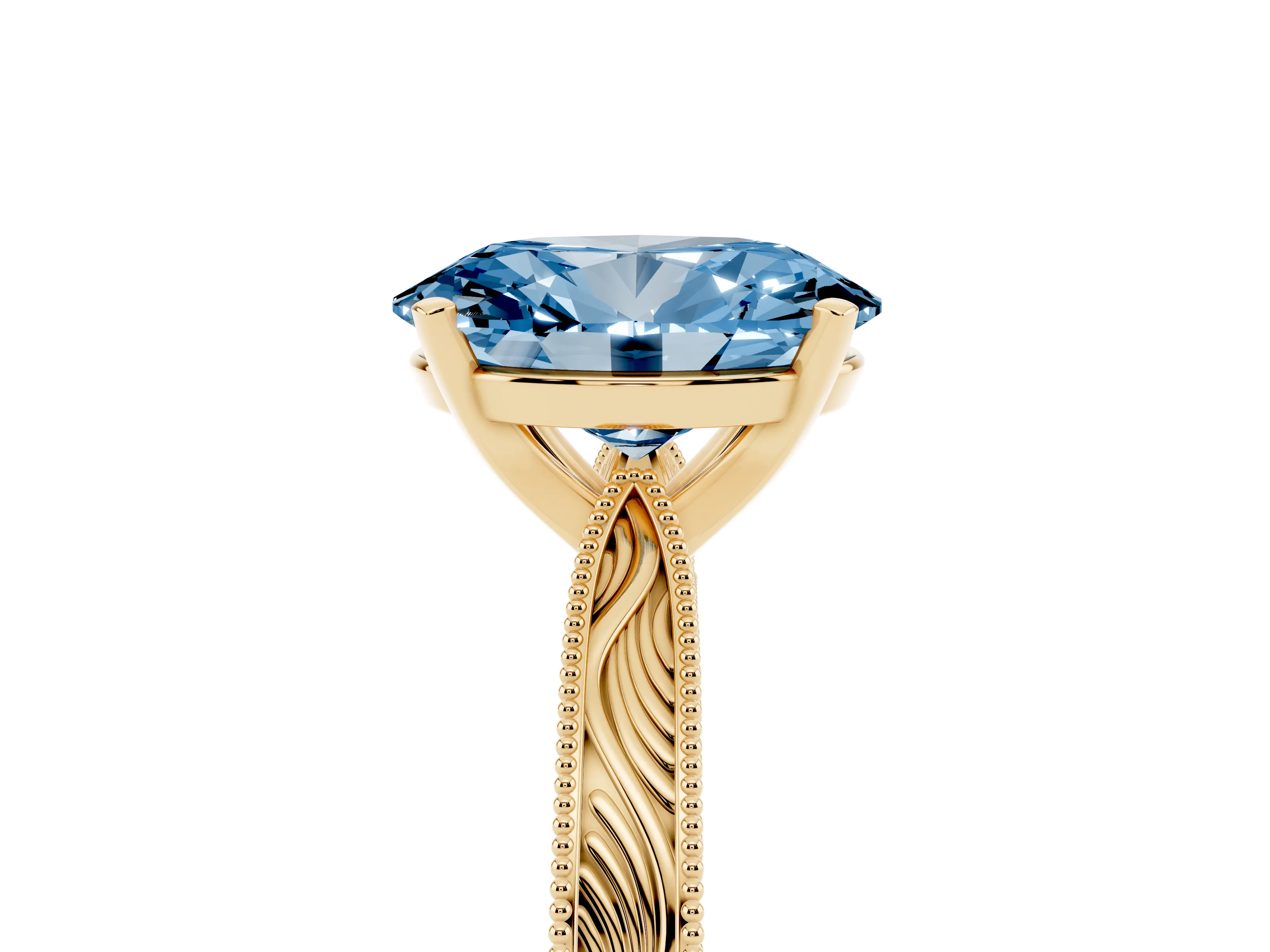 Fancy Blue Oval Cut Diamond Solitaire Milgrain Engraved Band Set in Yellow gold with Prong Setting