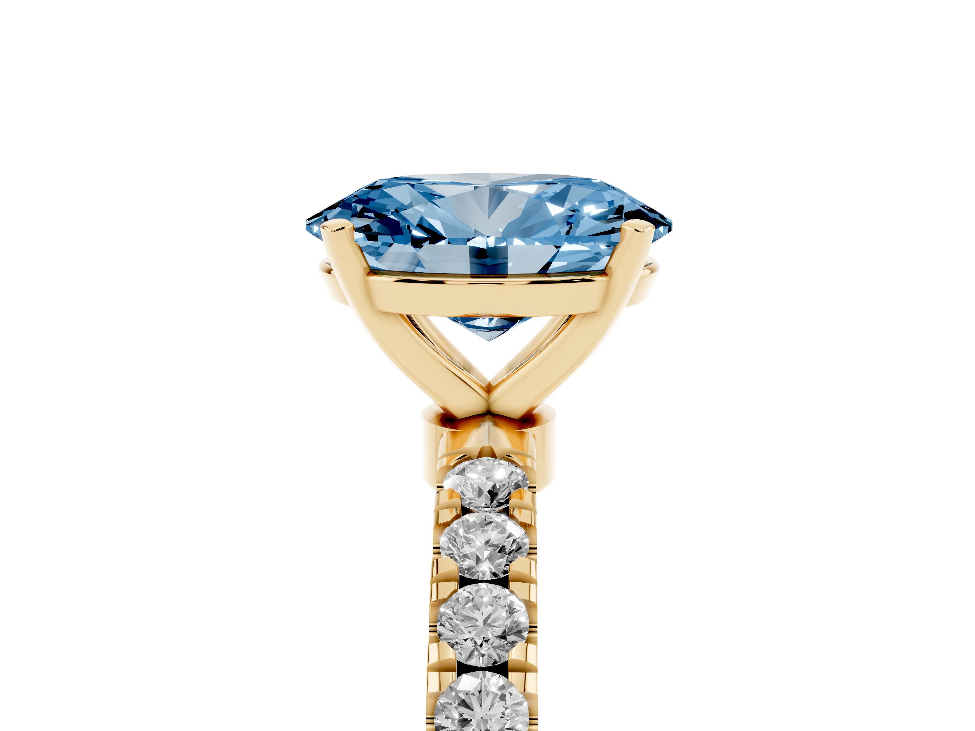 Fancy Blue Oval Cut Diamond Solitaire Ring Set in Yellow gold with Pavé Accents and Prong Setting