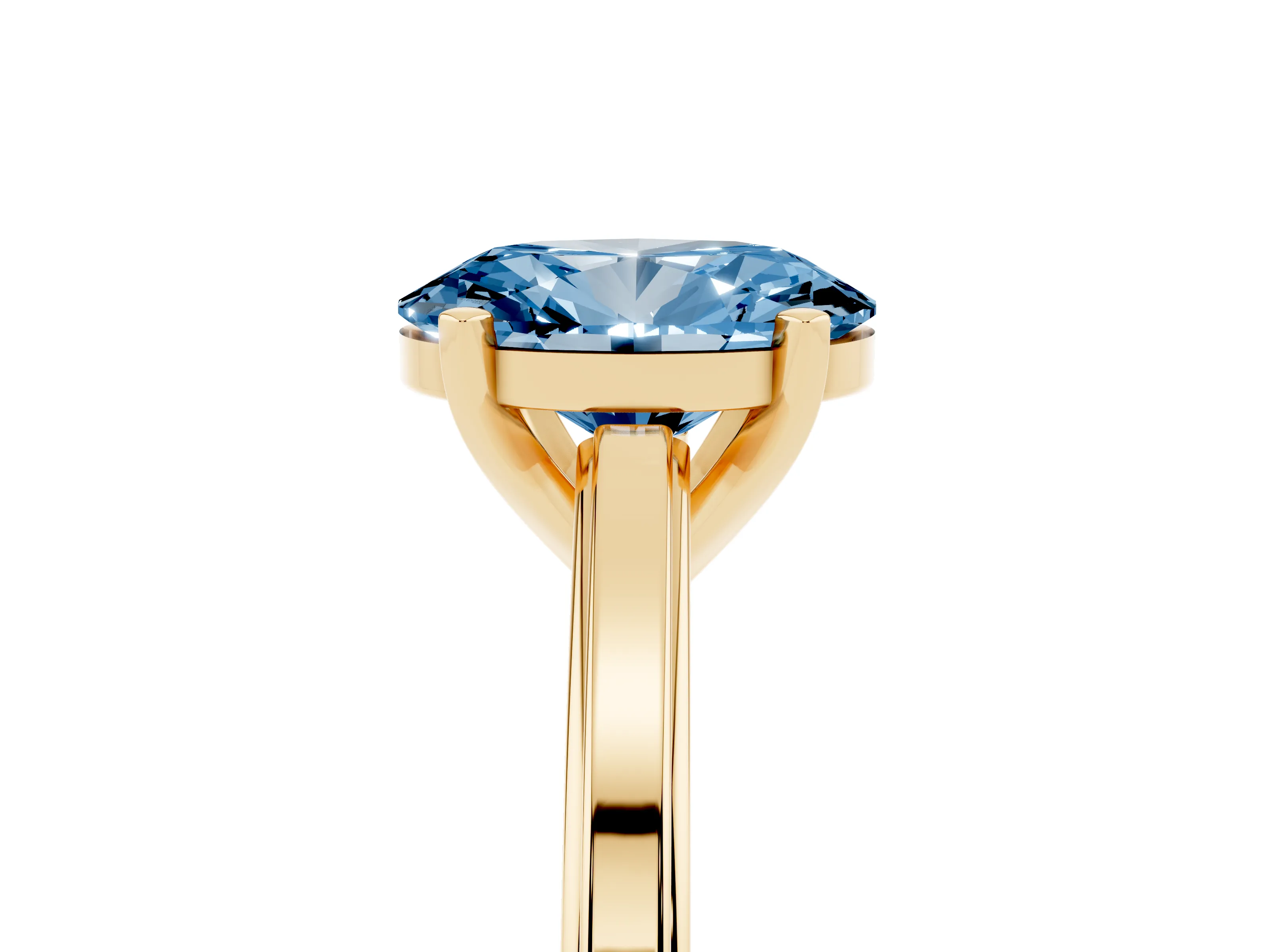 Fancy Blue Oval Cut Diamond Solitaire Ring Set in Yellow gold with Prong Setting and Classic Band