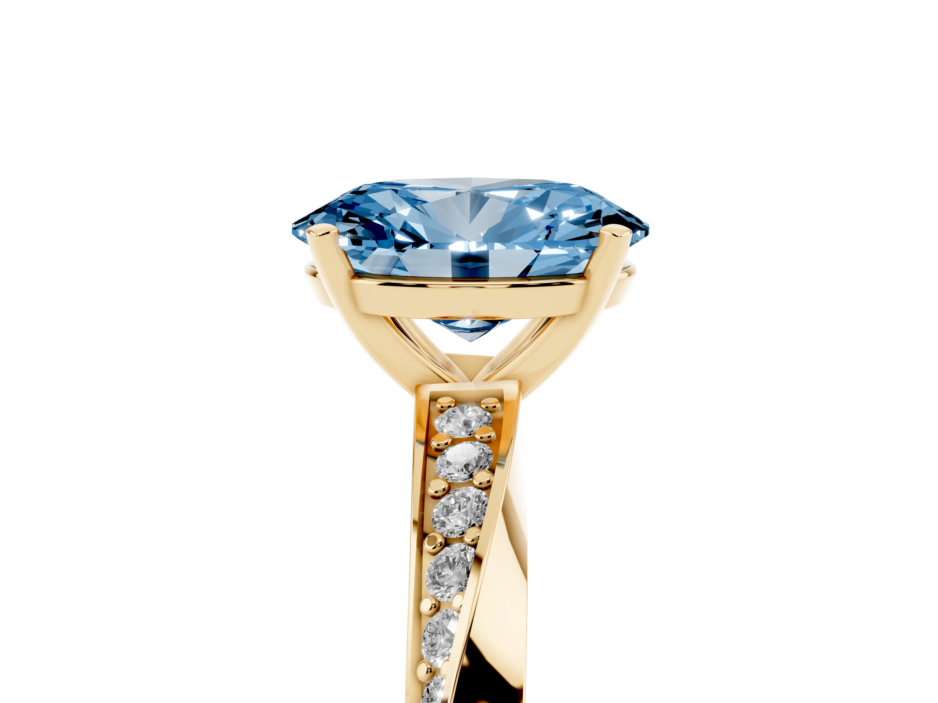 Fancy Blue Oval Cut Diamond Engagement Ring Set in Yellow gold with Side Stone Accents and Prong Setting