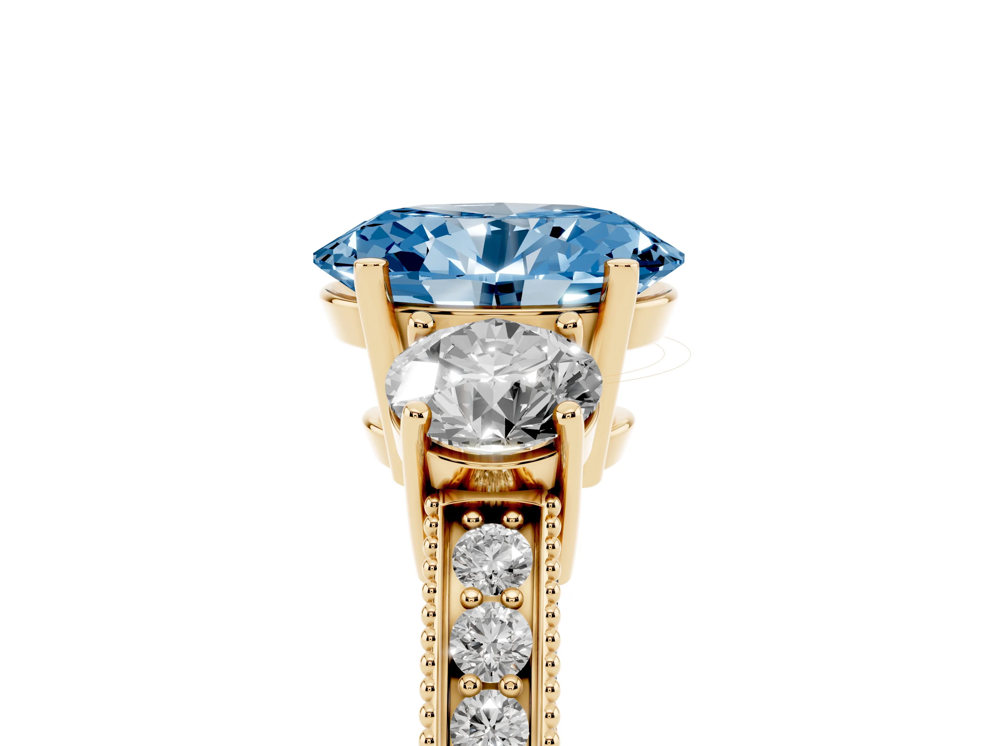 Fancy Blue Oval Cut Diamond Three-Stone Ring Set in Yellow gold with Round Side Stones and Pavé Band