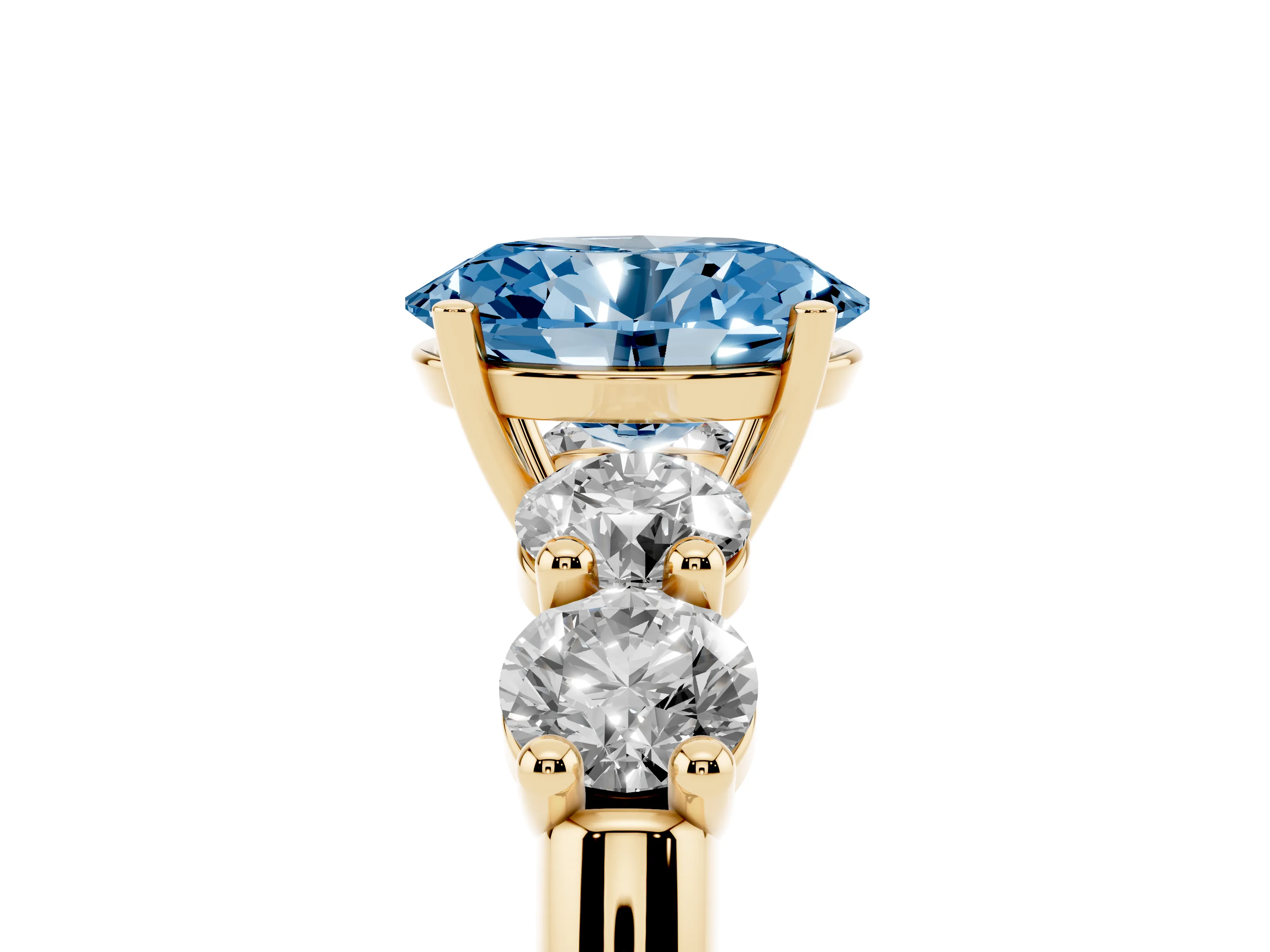 Fancy Blue Oval Cut Diamond Five-Stone Prong Set Ring Set in Yellow gold with Classic Band