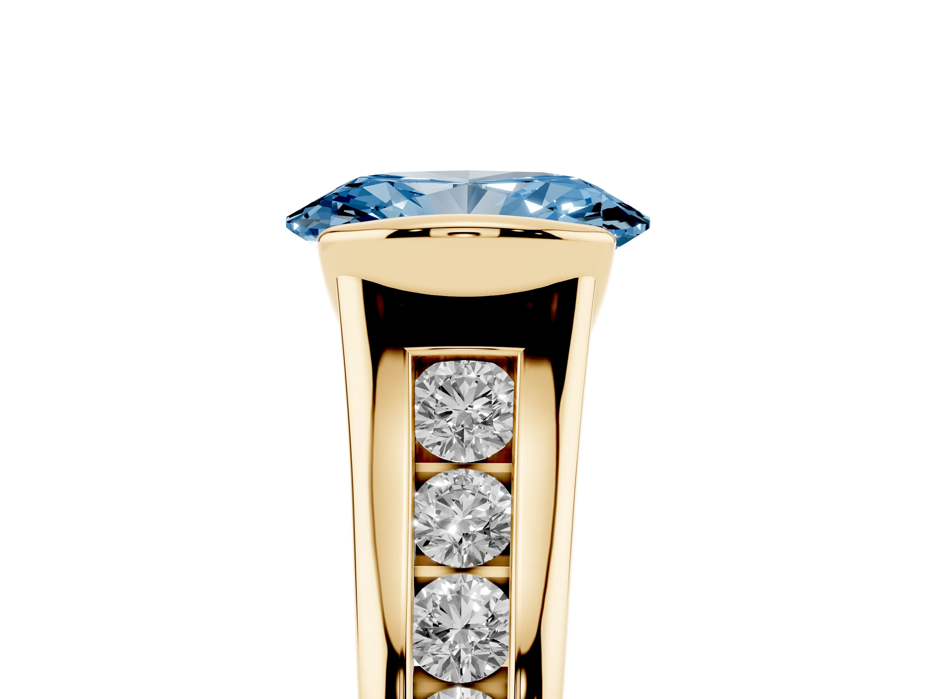 Fancy Blue Oval Cut Diamond Bezel-Set Solitaire Ring Set in Yellow gold with Channel-Set Band