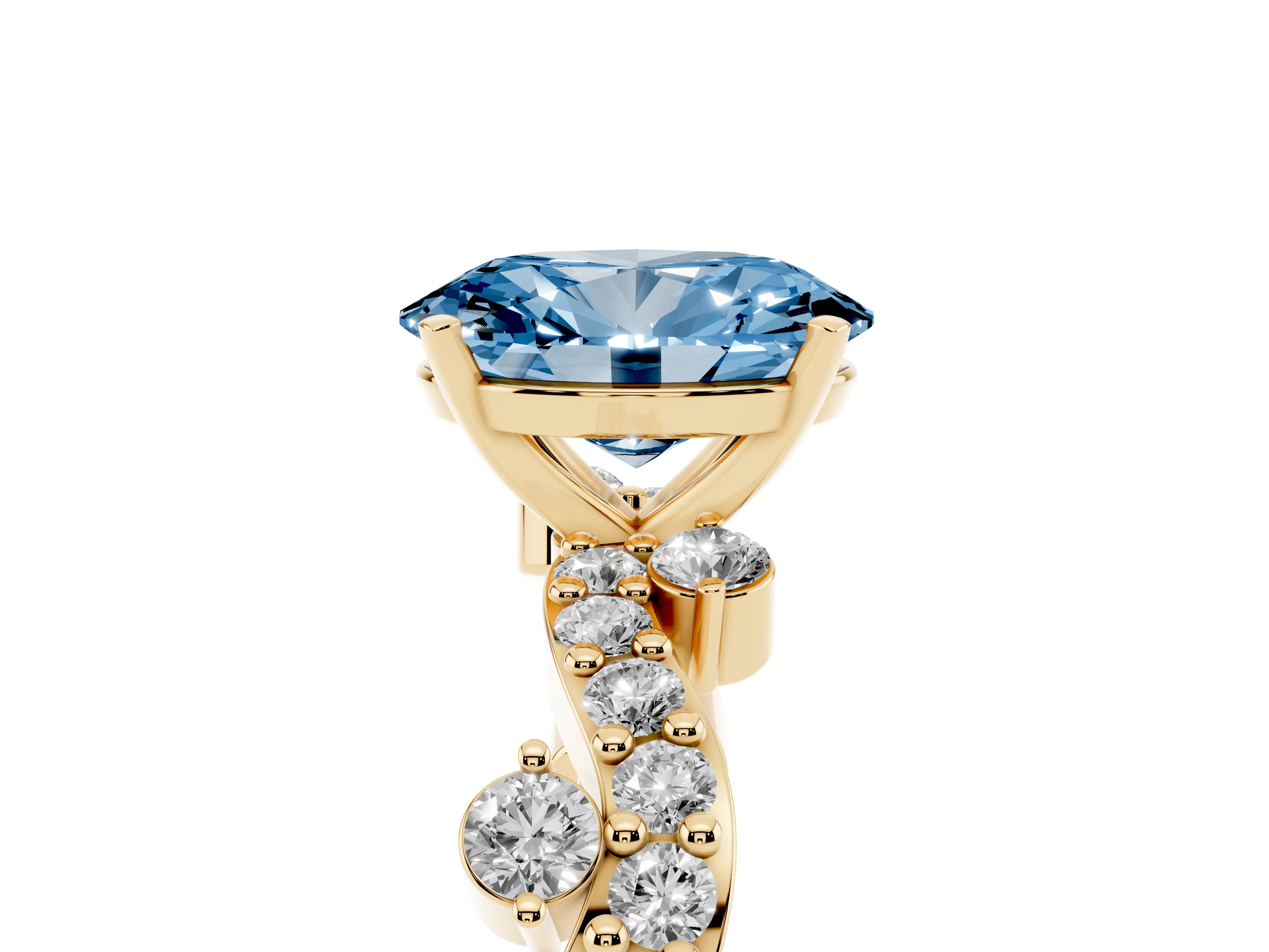 Fancy Blue Oval Cut Diamond Solitaire Twisted Band Set in Yellow gold with Pavé Setting