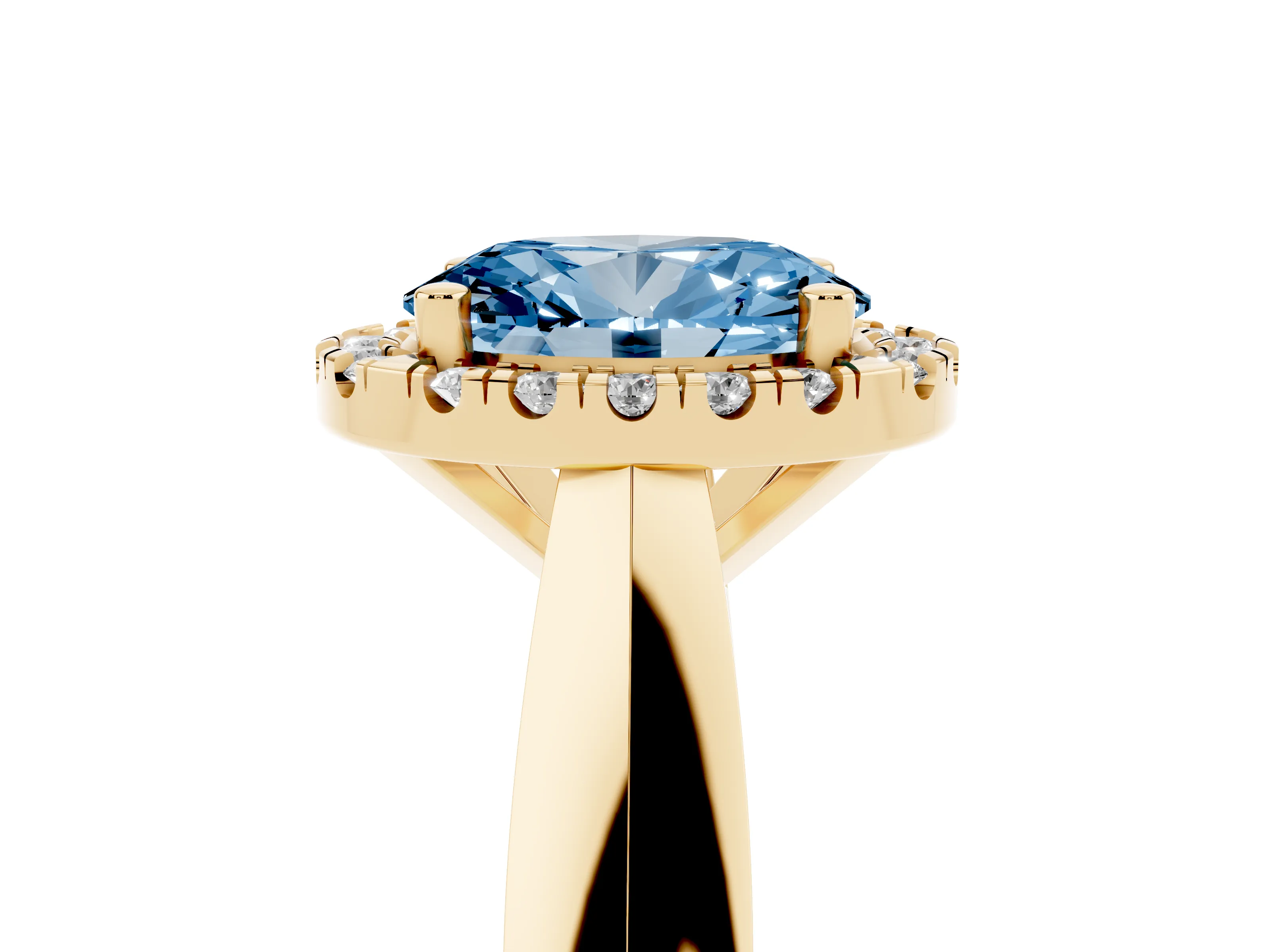 Fancy Blue Oval Cut Diamond Halo Solitaire Engagement Ring Set in Yellow gold with Square Band and Prong Setting