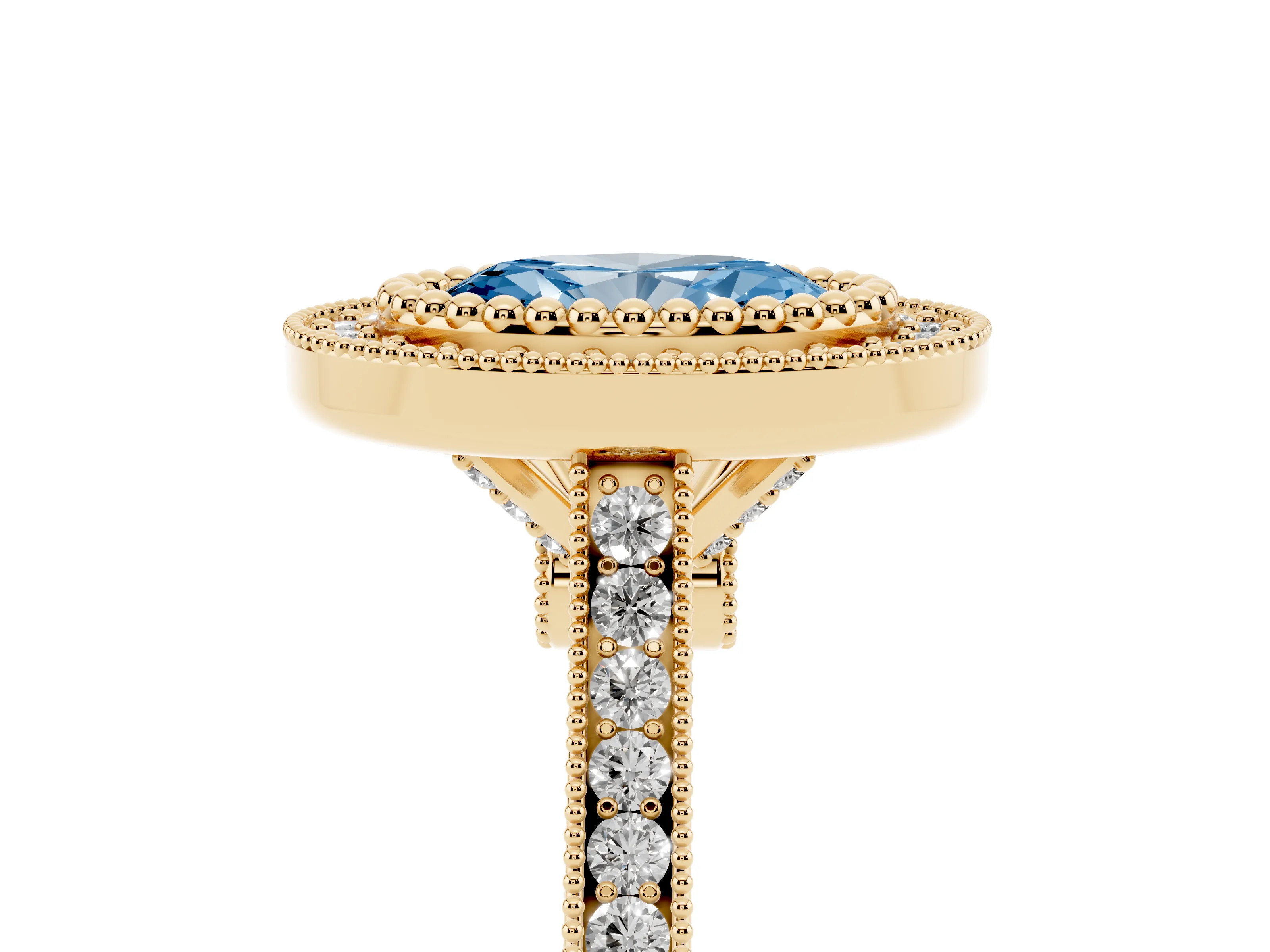 Fancy Blue Oval Cut Diamond Halo Ring Set in Yellow gold with Milgrain Frame and Pavé Band