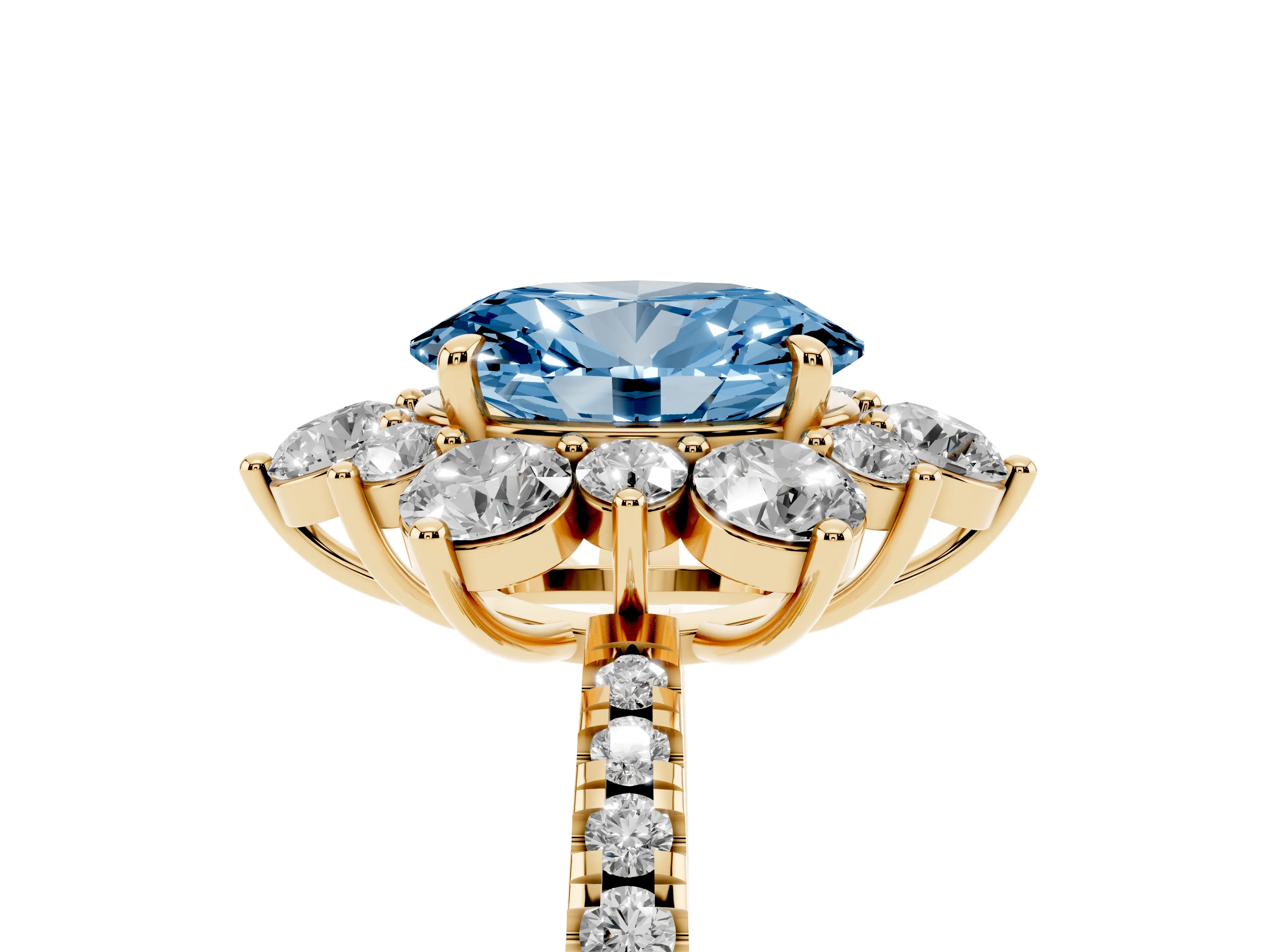 Fancy Blue Oval Cut Diamond Floral Halo Ring Set in Yellow gold with Round Pavé Band and Prong Setting