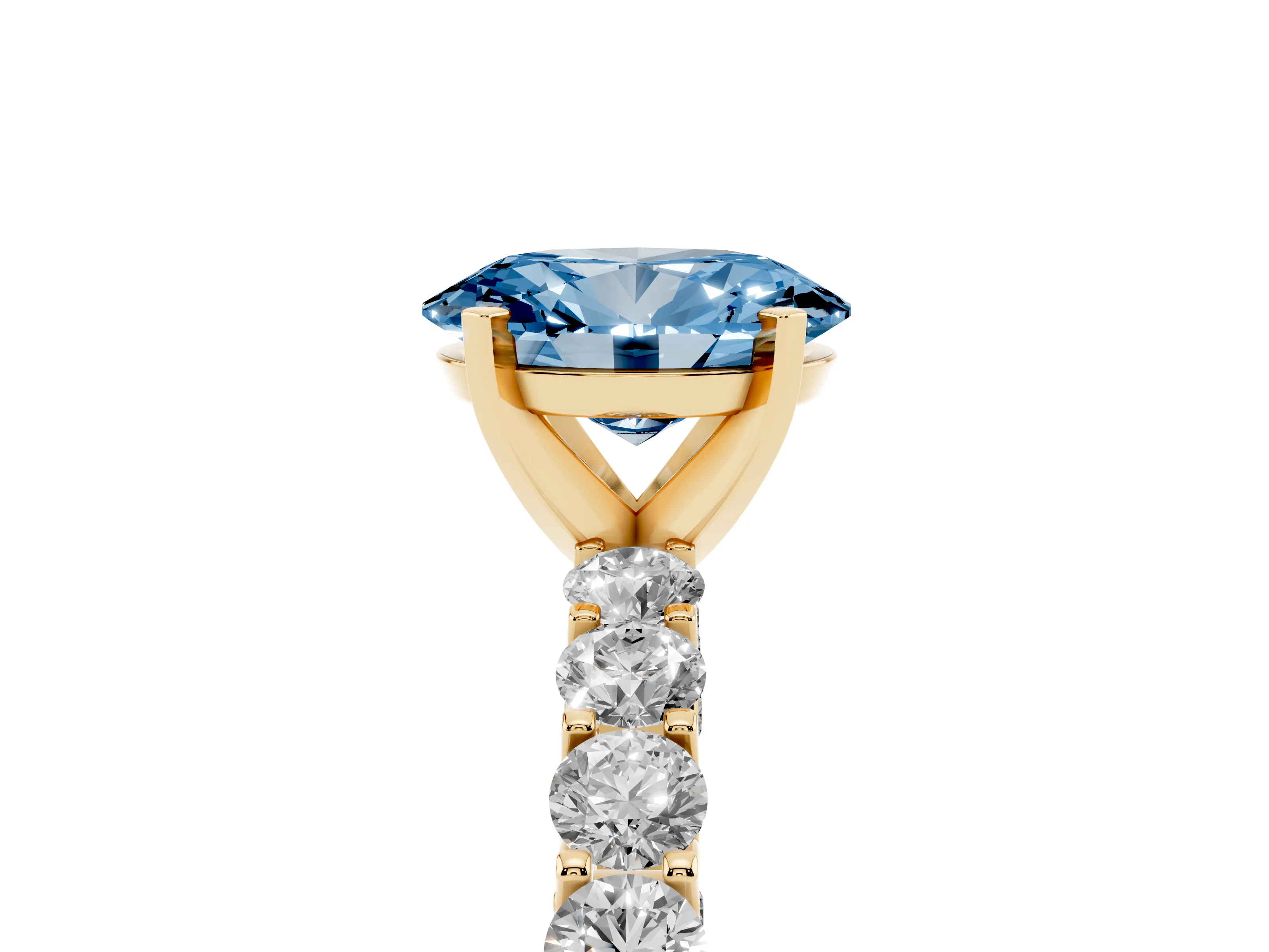 Fancy Blue Oval Cut Diamond Solitaire Ring Set in Yellow gold with Shared Prong Pavé Band